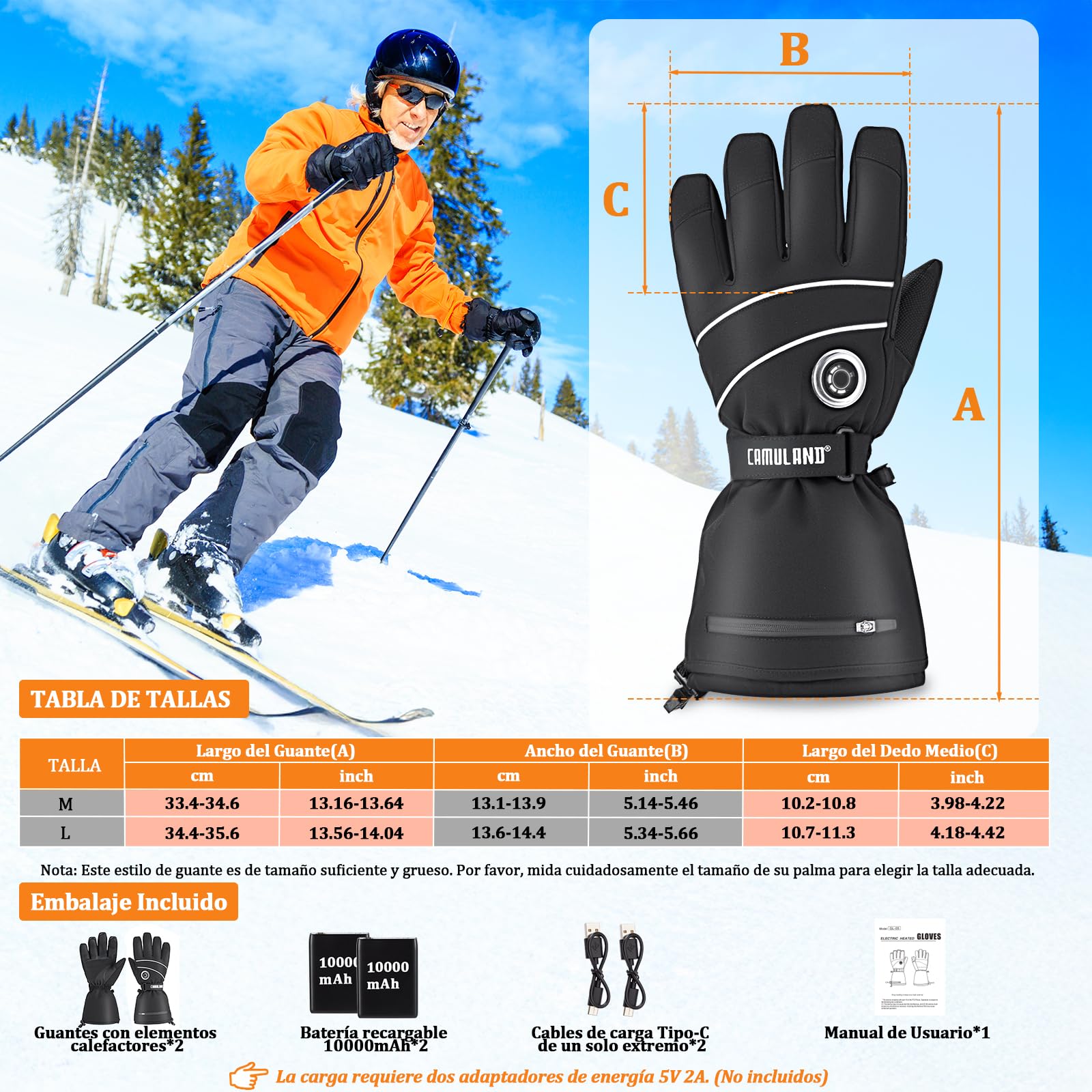 CAMULAND Guantes Calefactables 10000mAh para Hombre y Mujer - 4 Niveles de Calor, Impermeables y Resistentes al Viento - Compatibles con Touchscreen para Moto, Esquí, Senderismo, Trabajo Exterior