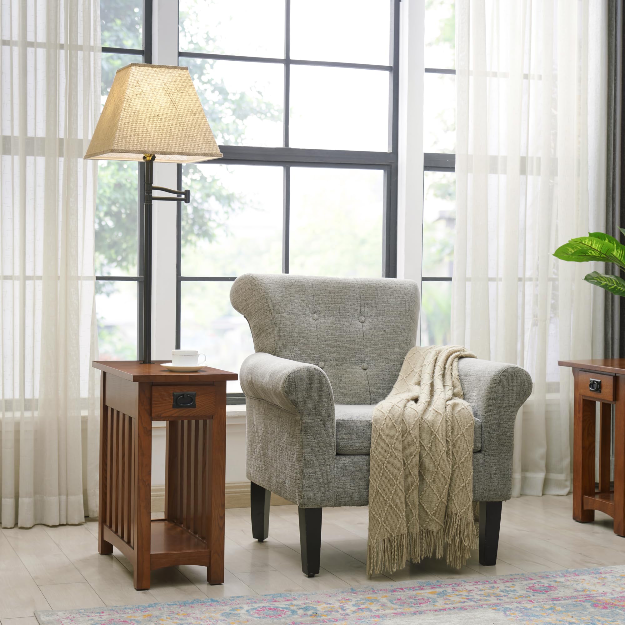 Leick Home Mission End Table, Solid Wood, Built-In-Lamp, 1 Drawer, Bottom Display Shelf, Slatted Sides, Easy-Assembly, Medium Oak, 22.5 in. L x 12.0 in. W x 60.0 in. H, 10028