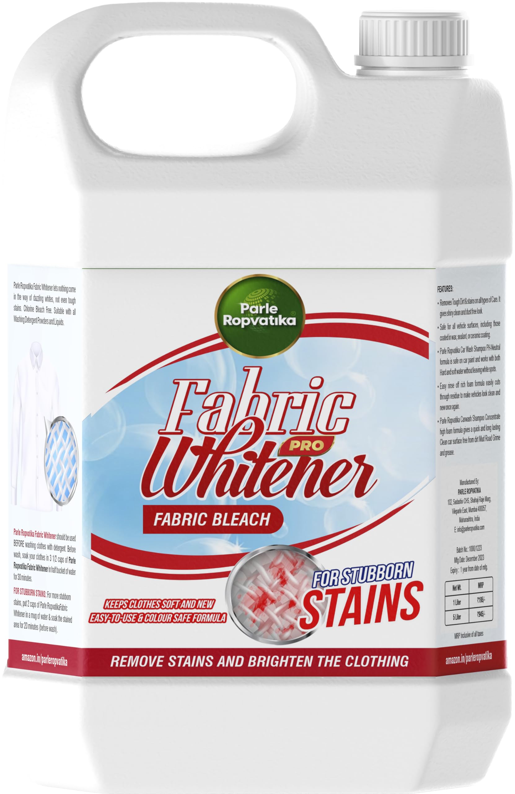 5 Liter Fabric Whitener Bleach | Bleach Refill | Stain Remover | Brighter Whites | Suitable with all Washing Detergent Powders and Liquids | 5 Liter