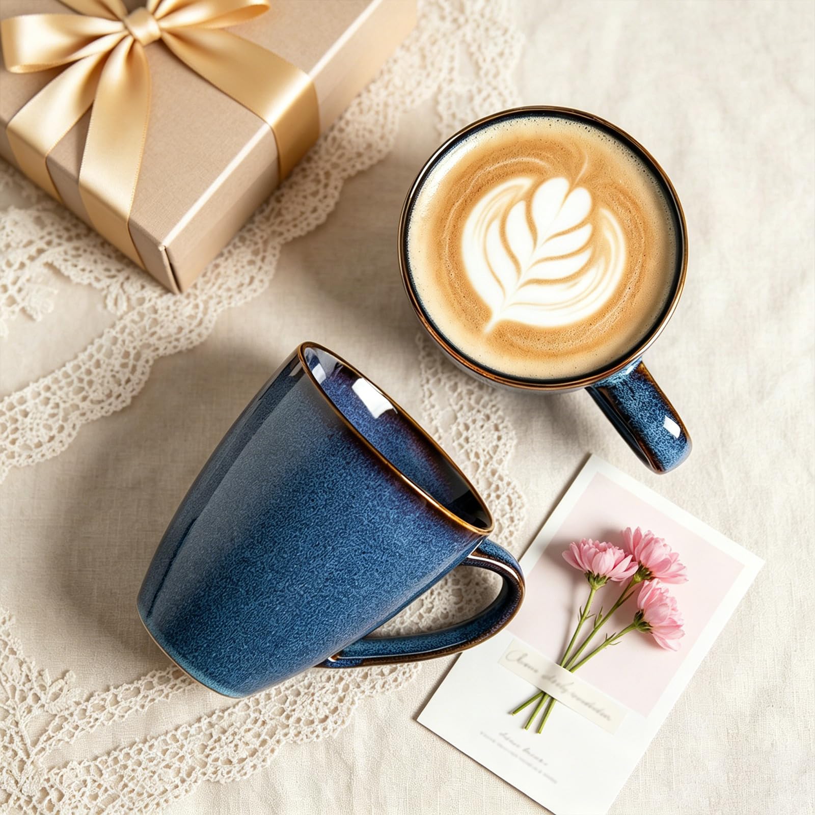 MONITO Zestaw 6 kubków do kawy, duże ceramiczne kubki do kawy, nowoczesne, z uchwytem, do herbaty, latte, cappuccino, mleka, kakao, biura i domu, dla par, gwiaździste niebieskie