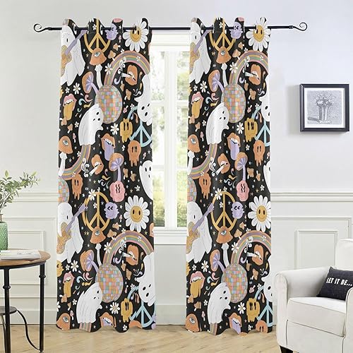Cortinas retro hippie de Halloween, fantasmas, margaritas, zombi, flores, arcoíris, negro, 84 pulgadas, cubierta de ventana para dormitorio y sala