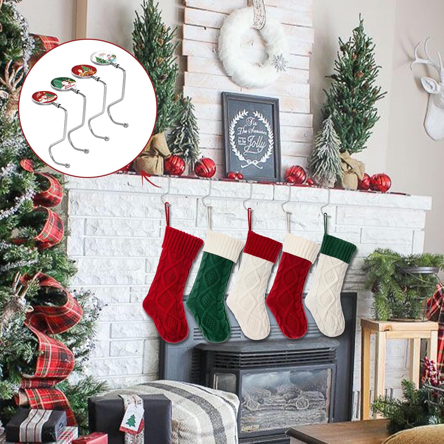 Ulico Christmas Stocking Holder for Mantle Set of 4, Stocking Hooks Garland Hangers，Metal Fireplace Stocking Holder, Non-Slip Silver Weighted Printed Stocking Clips