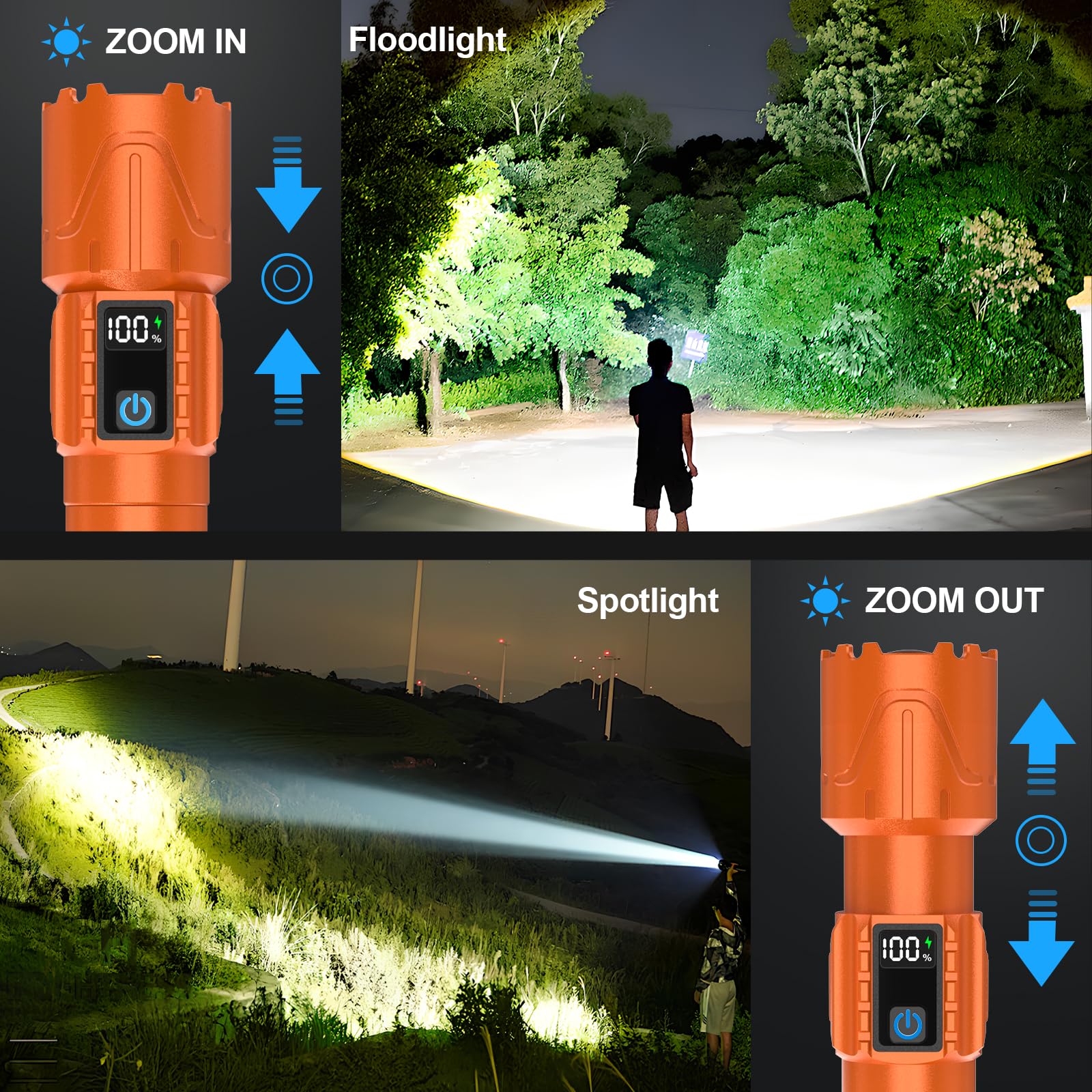 Linternas recargables de alto lúmenes, luz LED táctica súper brillante, potente linterna USB C impermeable para camping, emergencias, hogar, 5 modos, zoom (1, naranja)