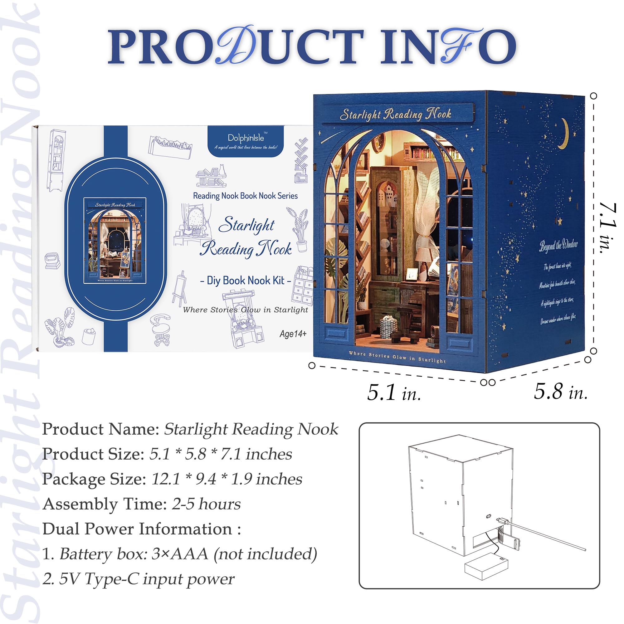 DolphinIsle Book Nook Kits für Erwachsene, DIY Booknook Bücherregal Dekor 3D Holzpuzzle Sternenlicht Leseecke mit funkelndem Sternenhimmel