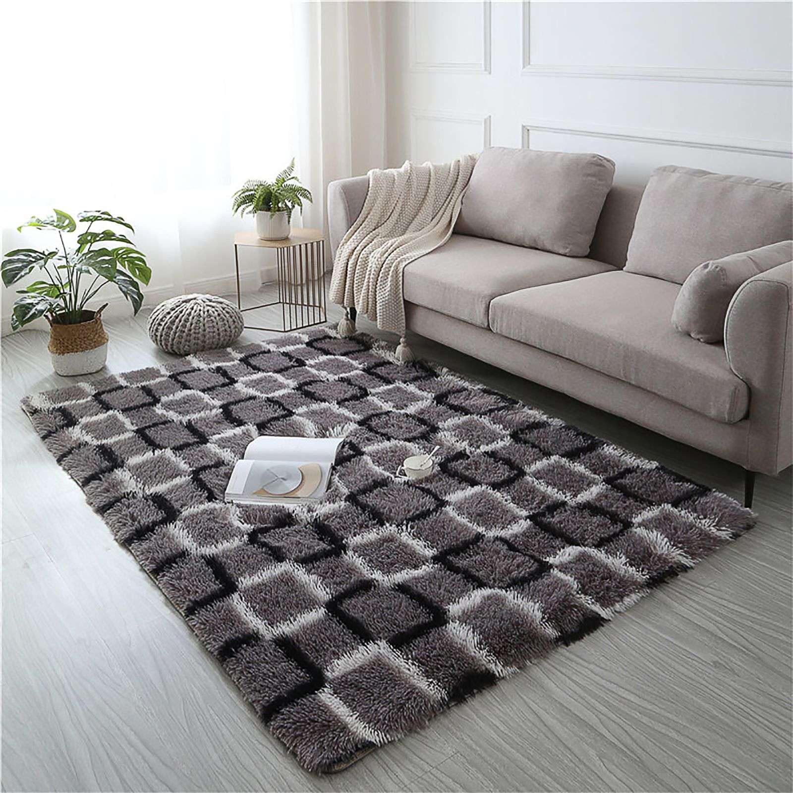 GGBOND Alfombra de felpa de 4 cm de largo, extra grande, suave, peluda, para sala de estar, dormitorio, mesita de noche, antideslizante, lavable, cuadros grises, 100 x 200 cm