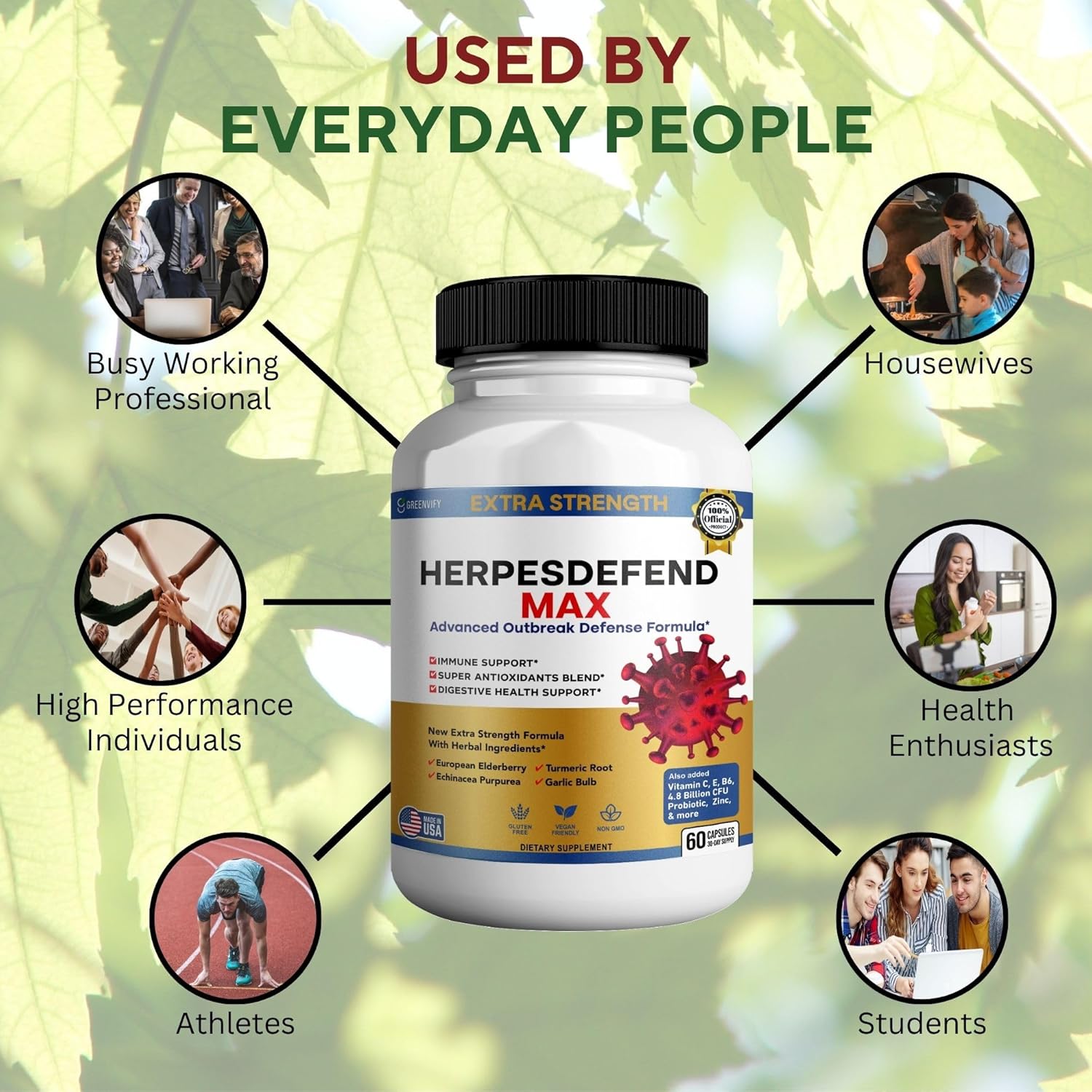 Herpes Defend Max, Extra Strength Advanced Defense Formula, 60 Capsules, with Elderberry, Echinacea, Turmeric, Garlic, Vitamins and Probiotics
