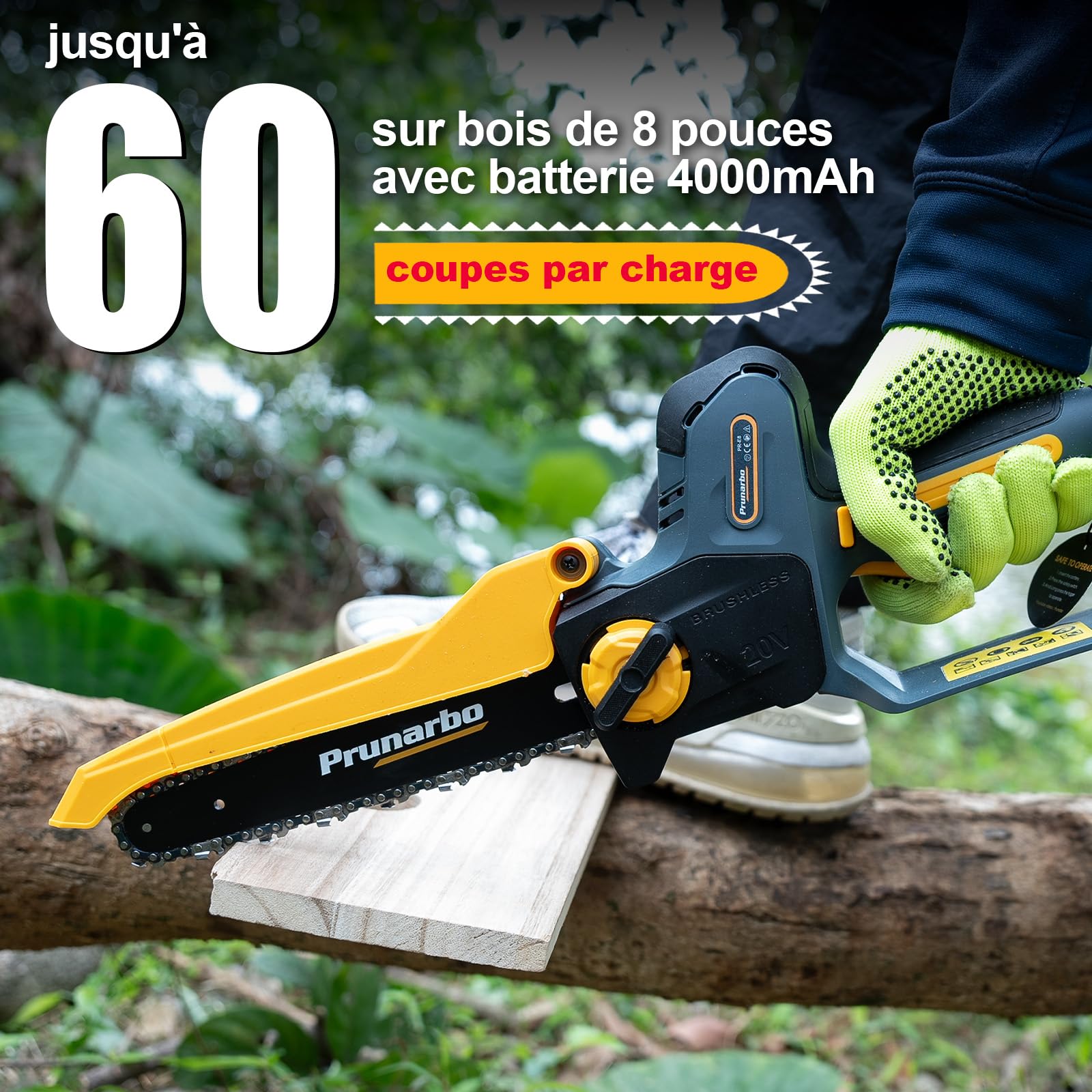 Mini Tronçonneuse 8" Sans Fil avec 2 Batteries 4Ah | Coupe Sans Effort, Lubrification Automatique, Compatible Perche Télescopique, Arbres Fruitiers, Entretien du Jardin