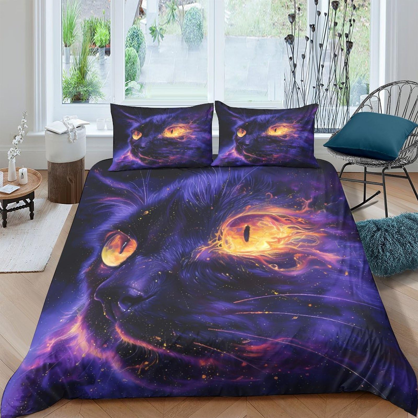 GPLZQXKJNH 3D Printed Galaxy Cat Duvet Cover Set Microfiber Soft Breathable Nebula Quilt Cover with 2 Pillowcases for Bedroom Single（135x200cm）