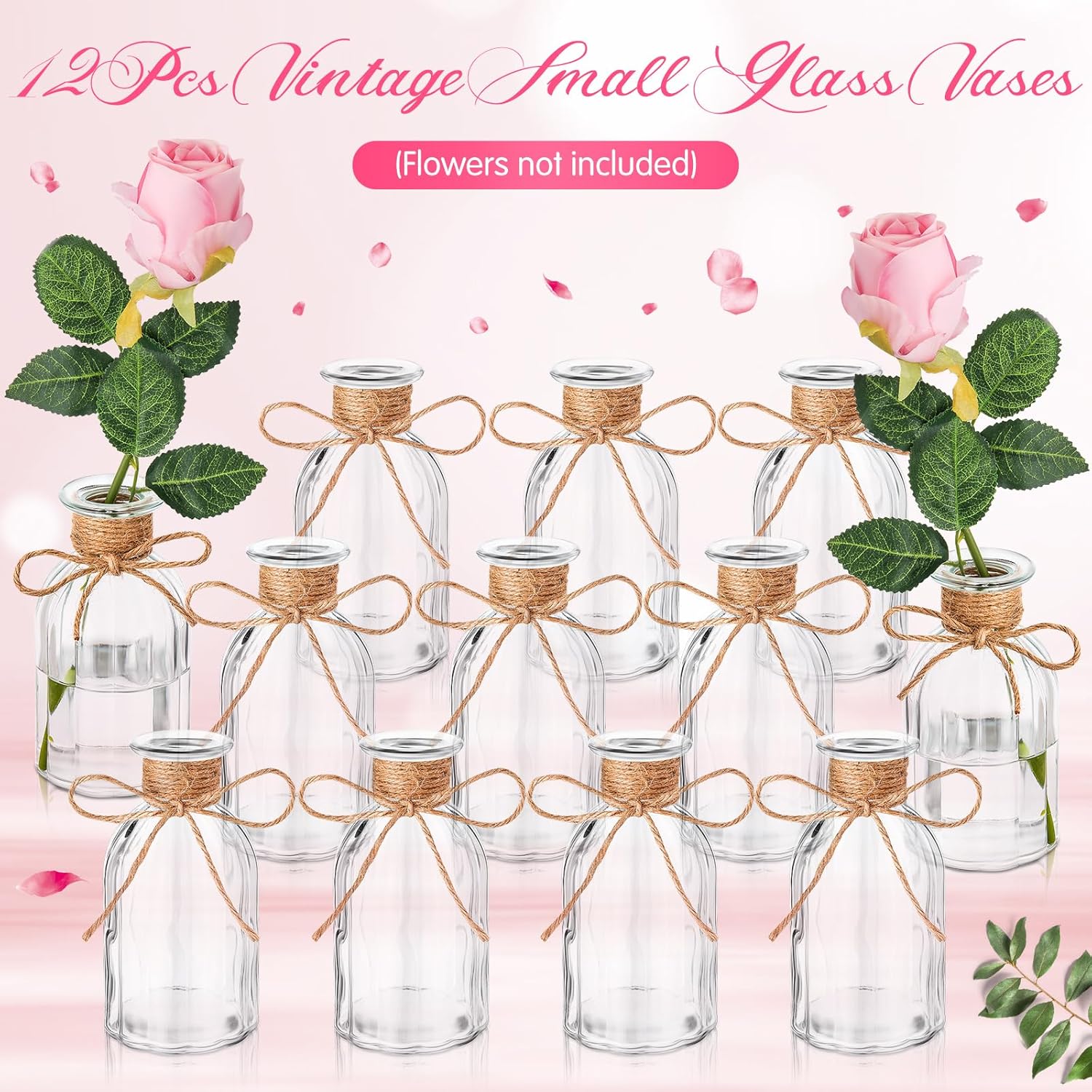 12 Pcs Small Glass Flower Vases for Centerpieces Clear Vintage Bud Vases Mini Relief Flower Vase with Hemp Rope Bows for Wedding Housewarming Home Rustic Table Decoration(European Style)