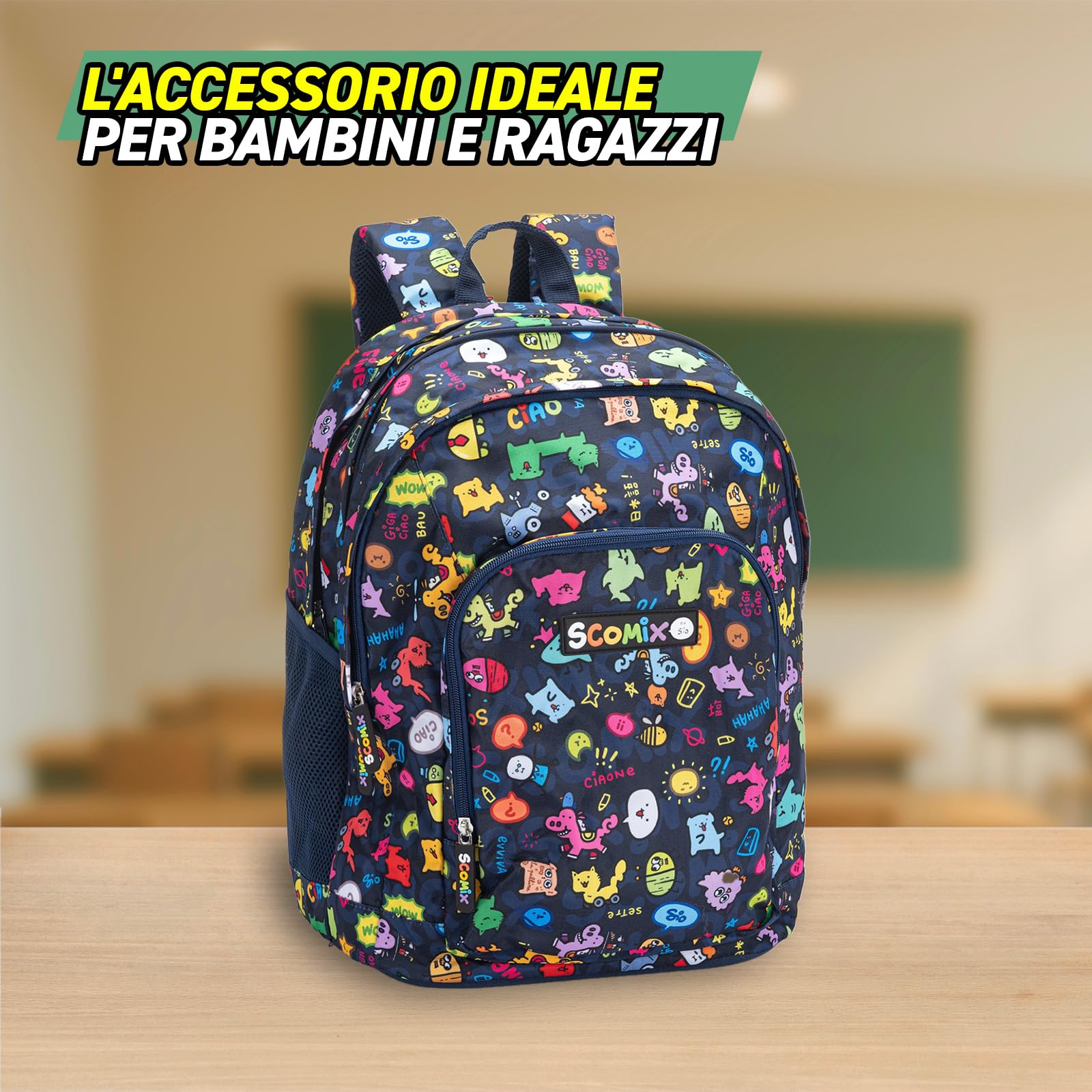 COMIX Scomix by Sio - Zaino Scuola per Bambini e Ragazzi, con 2 Ampi Scomparti Centrali, Tasca Frontale, Tasche Laterali in Rete, Chiusura a Zip e Spallacci Regolabili, 32x43Hx23 cm, 31L, Blu