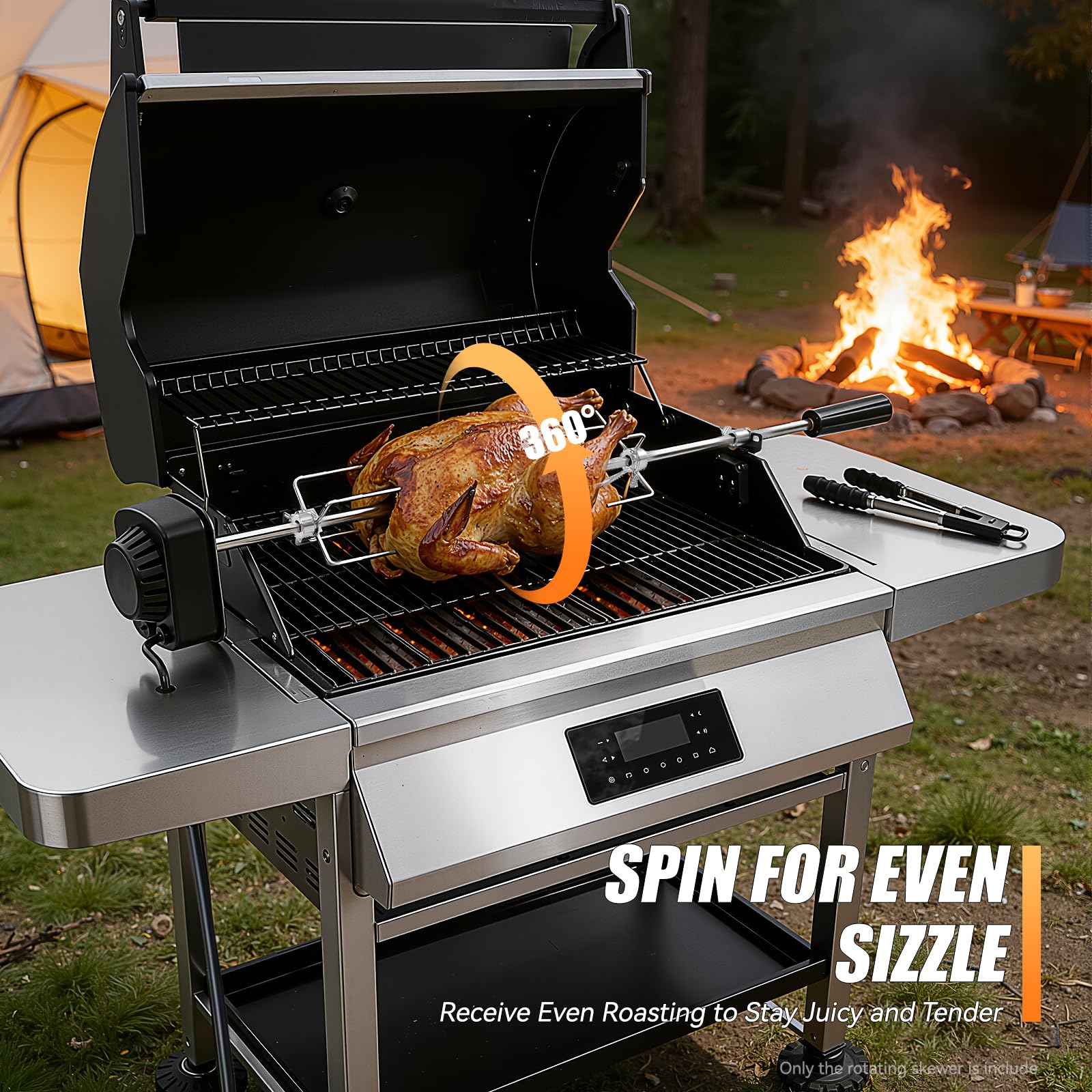 Juego de pinchos giratorios eléctricos, juego de brochetas de acero inoxidable, 220-240 V, pincho giratorio para barbacoa esférica, parrilla de carbón vegetal, barbacoas de gas y asador