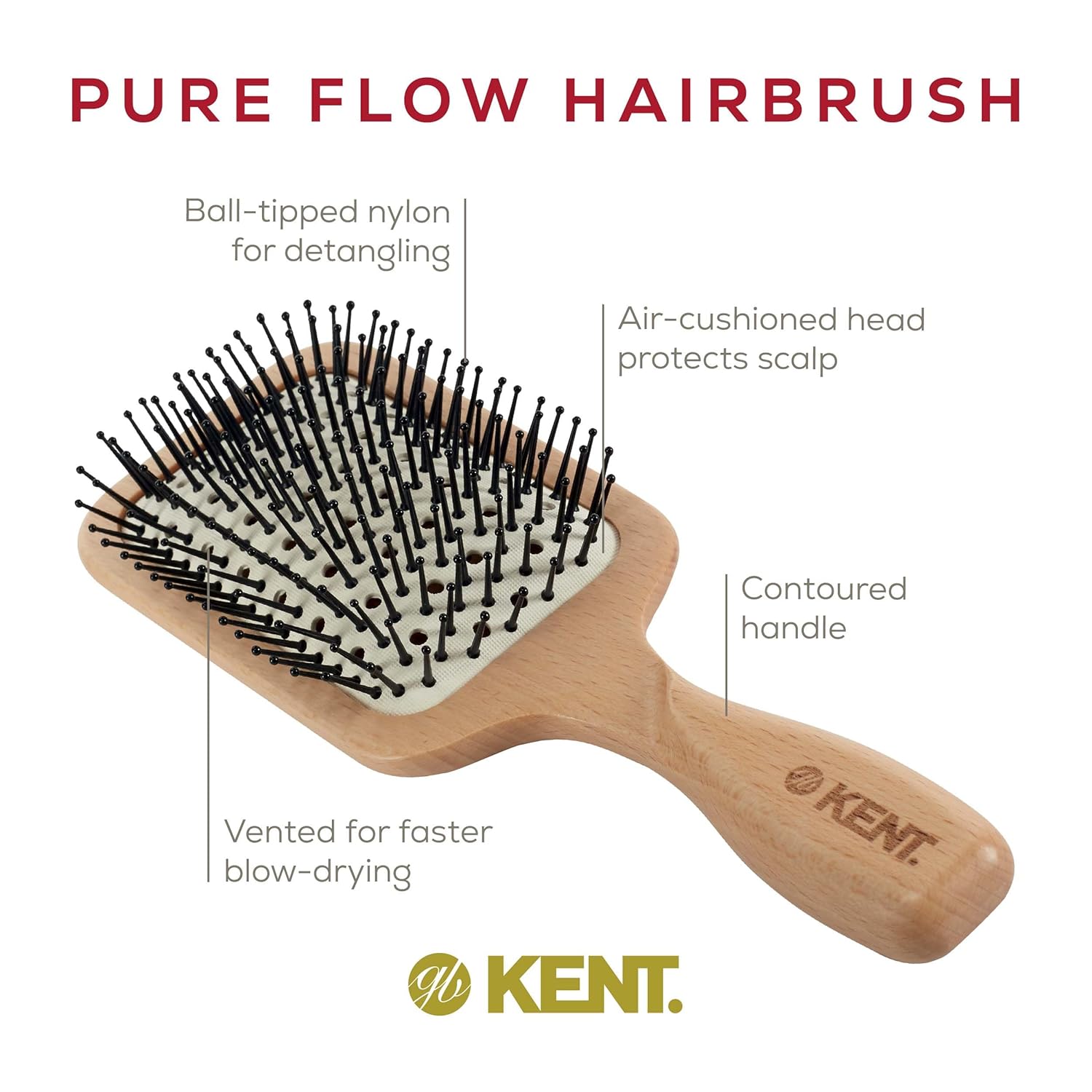 Kent LPF2 Large Cushion Paddle Hair Brush, Vented Taming Fine Pins Detangle Brush for Long Thick and Curly Hair, Scalp Massager and Growth Stimulator Wet or Dry Hair Detangling. Made in England