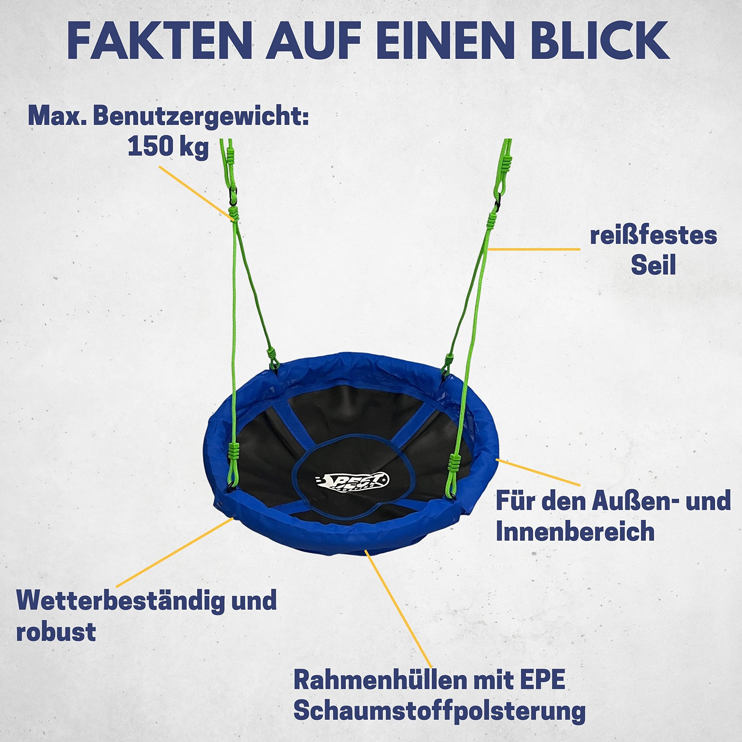 Best Sporting Nestschaukel I Gartenschaukel Ø 60, 80, 90, 100 oder 110 cm I Bis 150 kg belastbar I Höhenverstellbar 105-180cm I Nestschaukel Outdoor I Gartenschaukel Kinder (Ø 60)