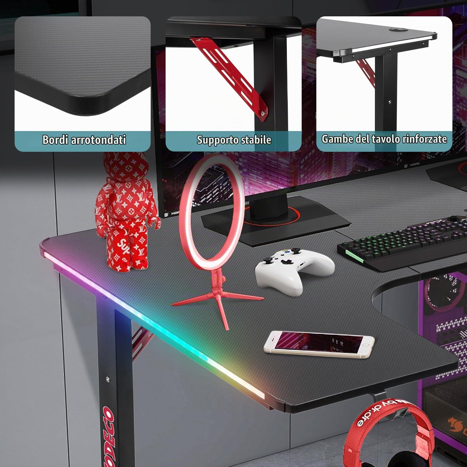 Todeco Scrivania Gaming a L 160x100 cm con LED RGB, Scrivania Ad Angolo | con portabicchiere, gancio cuffie, 40 modalità RGB con telecomando, piedini regolabili, piano effetto fibra di carbonio
