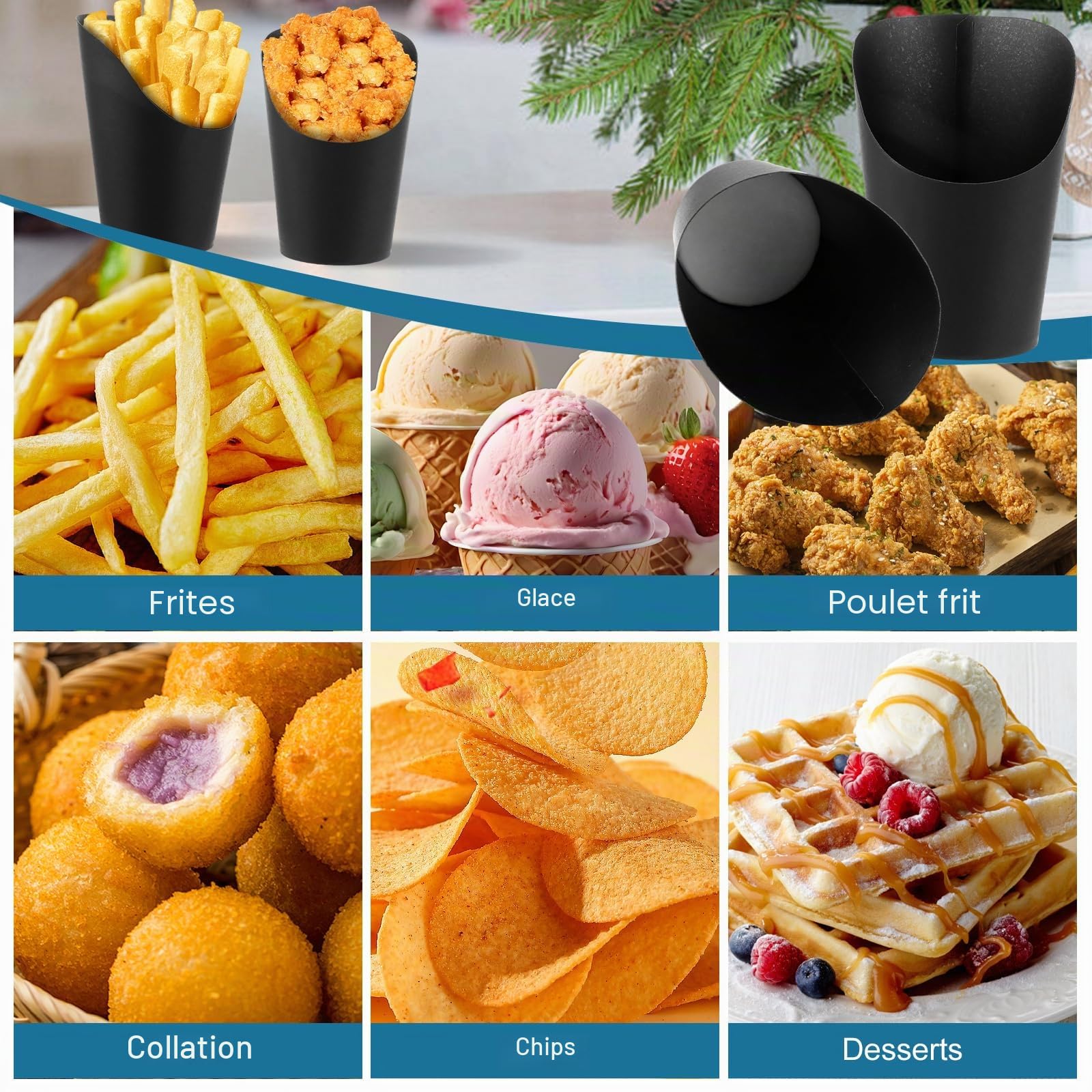 100 Barquettes Frites en Papier Kraft, 14oz Cornet Frite Noir pour Bubble Waffle et Cornet de Glace, Poches à Frites Épaisses Résistantes à l'Huile, 100 Pièces