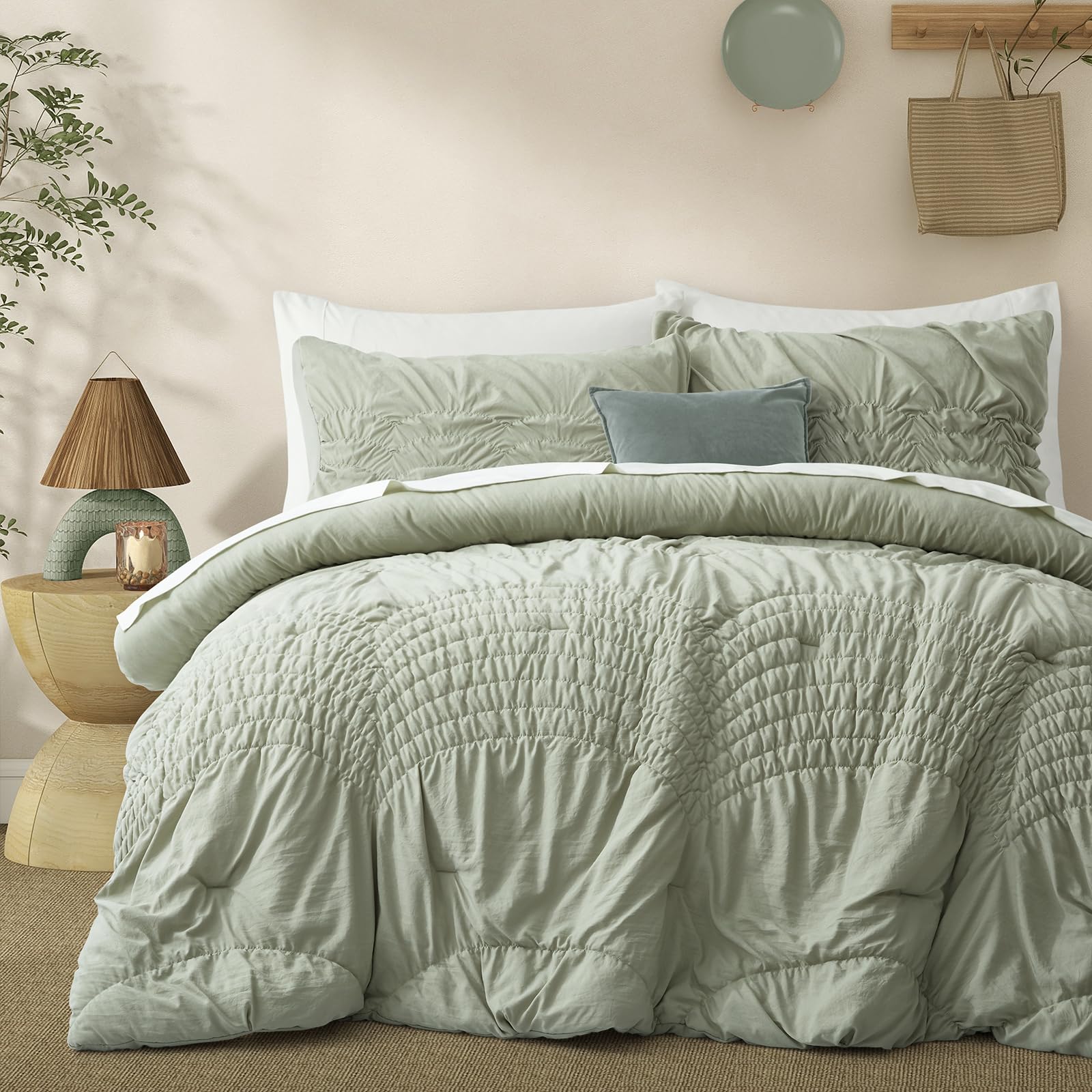 Oli Anderson King Comforter Set, 3 Piece Mist Sage Beddding Comforter, Chic Soft Bedding Set with Elastic Ruched Design, Microfiber Comforter for All Season (1 Comforter with 2 Pillowcases)