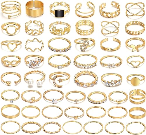 IFKM Juego de 51 anillos dorados para nudillos para mujeres y niñas, vintage, apilables, anillos midi, delicados, circonita cúbica, cristal, simple