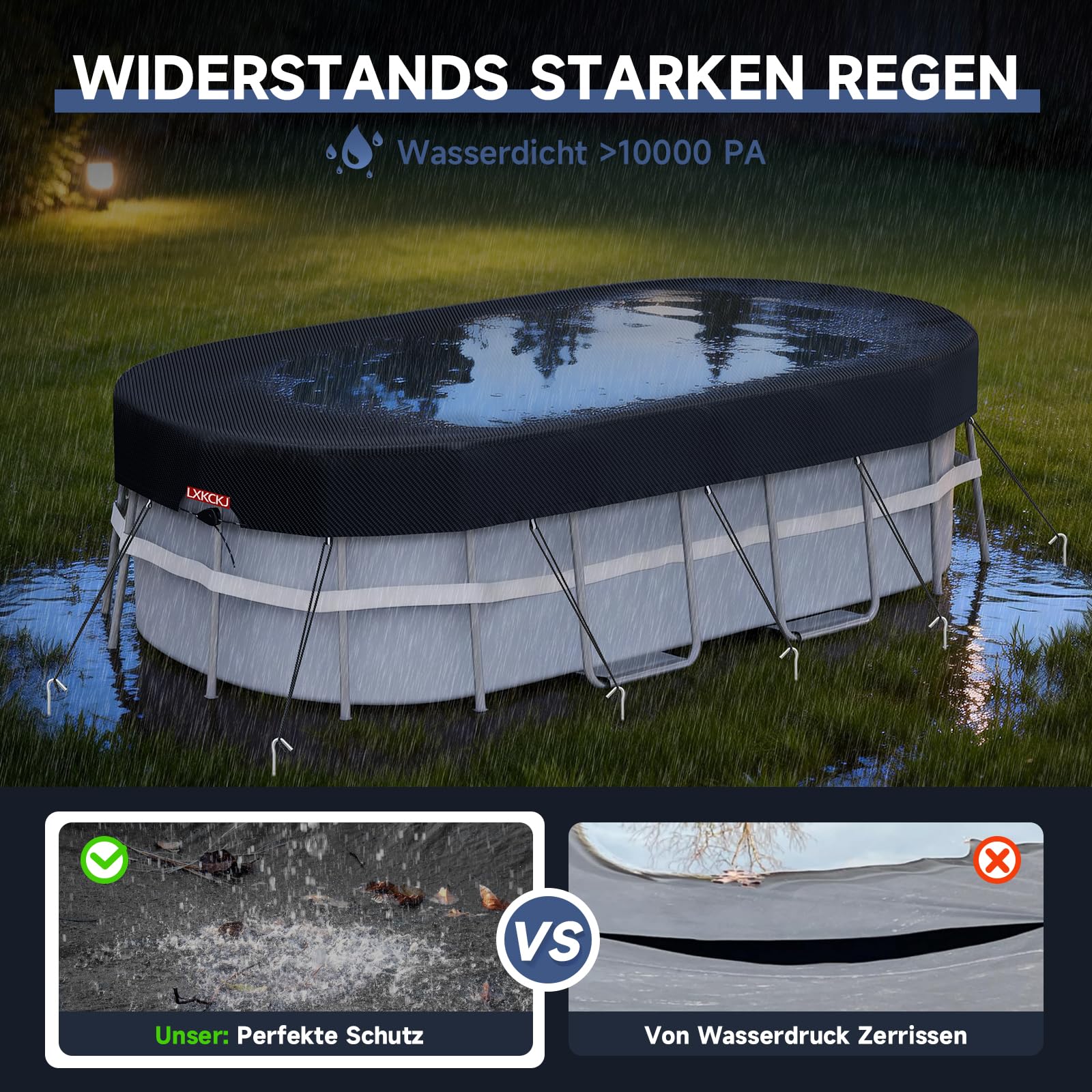 Poolabdeckung Rechteckig für 485x304 cm Pools | Pool Abdeckplane für oberirdisches Schwimmbad Inkl Bodennägel Zubehör + Seilspanner | Solarplane & Pool Winterabdeckung | 570x 365 cm Pool Abdeckung