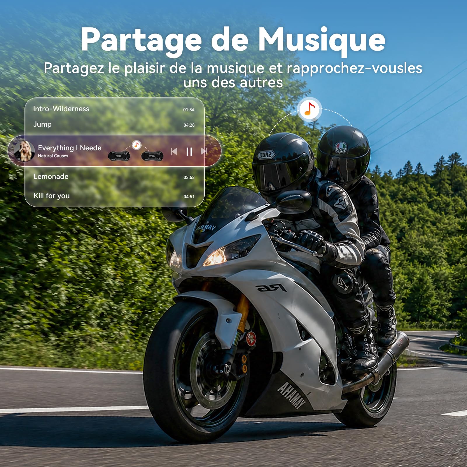 N2 Intercom Moto Duo pour 2 Casques, 1000m Système de Communication | Kit Main Libre Moto Bluetooth 5.4, Multitâche Audio, Réduction de Bruit DSP/CVC, Partage de Musique, Batterie 1000mAh, IP67