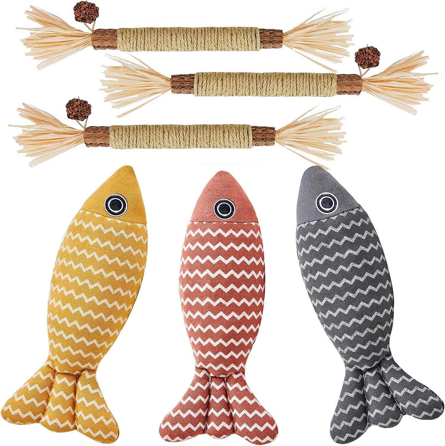 MarverFace Katzenminze Spielzeug 6 Stück, 20CM Katzenminze Spielzeug Kissen Fisch Form, 3 Matatabi Katzenminze Sticks,Katzenspielzeug für Katzen Spielen und Kauen