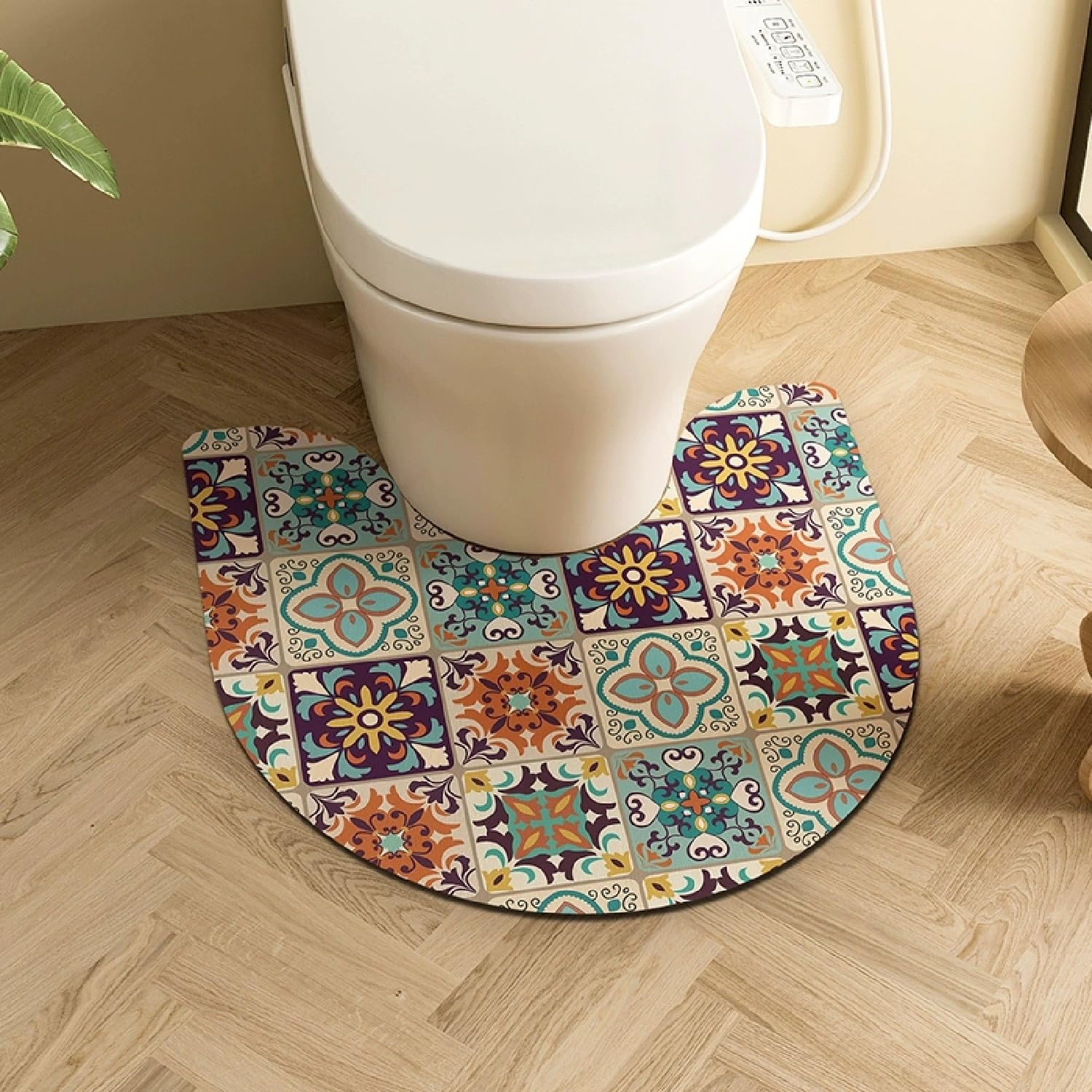 Pedestal Mat U Shape for Toilet, Retro Ethnic Style Bohemian Flower Pattern Absorbent Quick Dry Non Slip Toilet Floor Mat Diatomite Bath WC Rug Washable Easy To Clean for Bedroom (COLOR 9,55x60cm)
