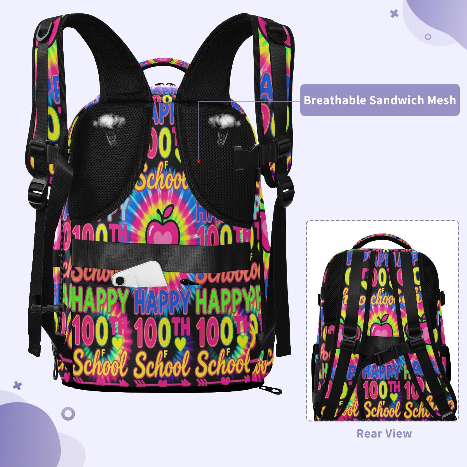 Plecak roboczy dla kobiet 15-calowa torba na laptopa do samolotów 20 l | Wodoodporna lekka podróżna torba na laptopa Tie Dye Happy 100th Day Of School torba na laptopa 16 cali dla kobiet podróż