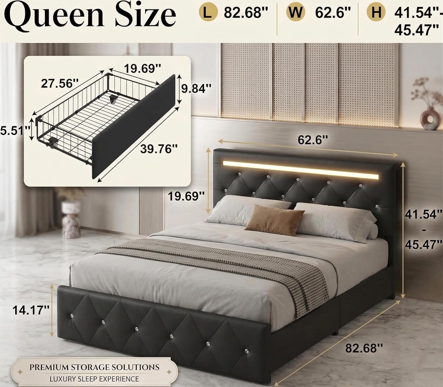 Upholstered Leather Bed Frame - Queen Size with Headboard, Adjustable Headboard, 4 Storage Drawers, 12 Metal Slats, Easy Assembly, No Box Spring Needed