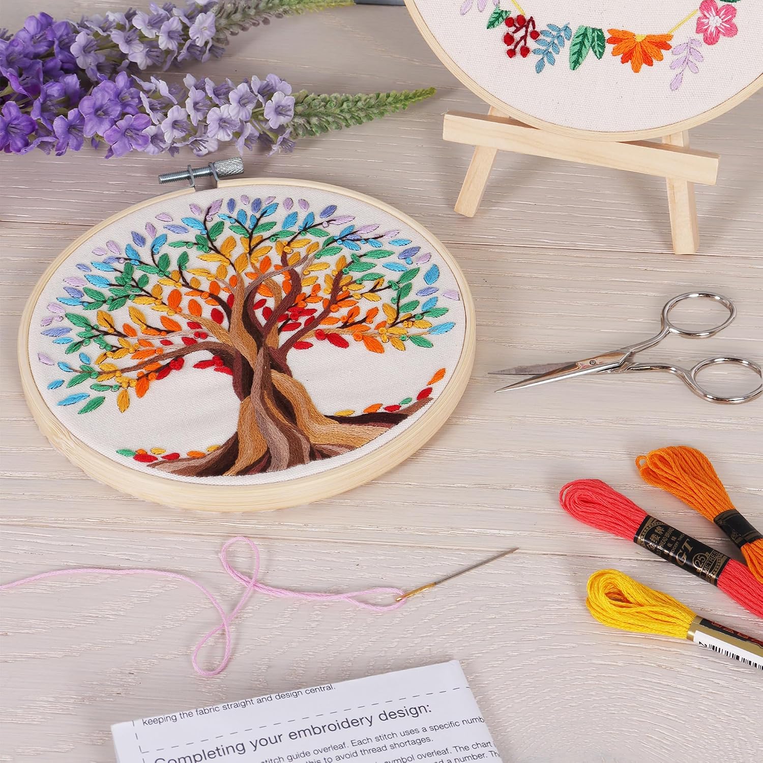 Trimits Embroidery Hoop Kits - 15cm 6” Beginner Starter Set, Includes Bamboo Hoop Threads Cloth Needle Backing & Instructions, Tree of Life