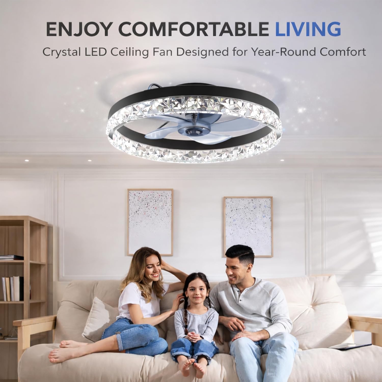 InfiniPower Low Profile Ceiling Fans with Lights and Remote 20in Ceiling Fan with Light 3000-6000K Dimmable with 6 Wind Speeds Flush Mount Fandelier LED Fan Modern Smart for Bedroom, Crystal