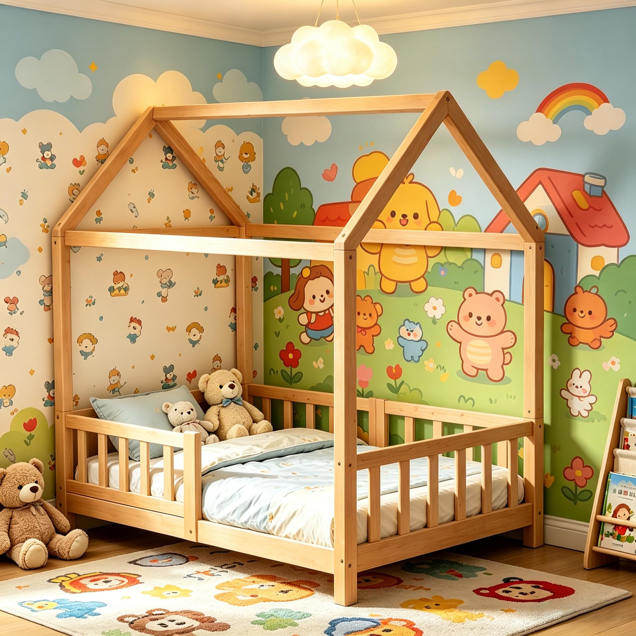 Bodenbett 70x140 cm Montessori Kinderbett mit Rausfallschutz & Lattenrost Kiefer Massivholz bis 100 kg belastbar für Jungen Mädchen Kinder Bett