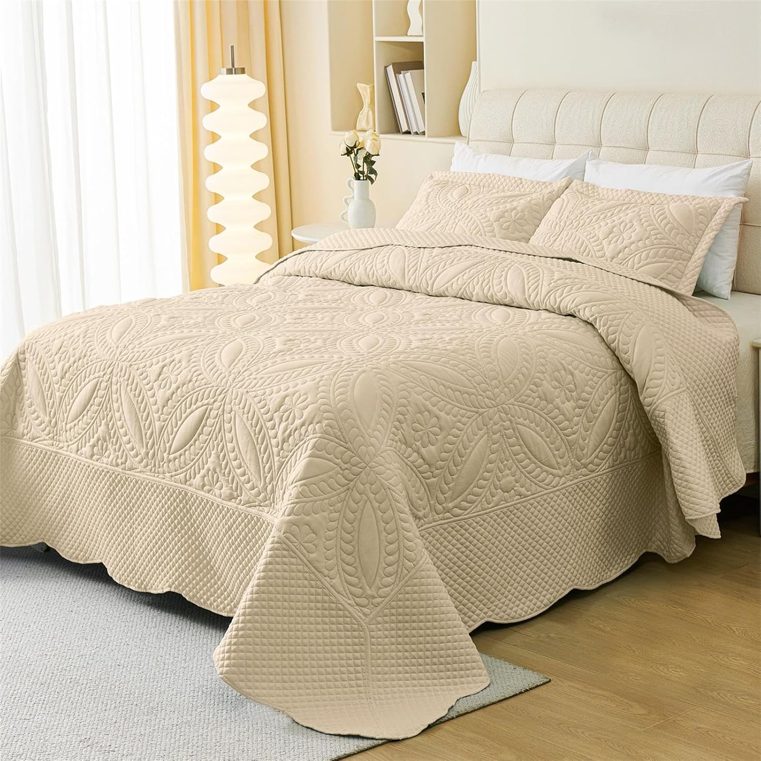 Cmfshape Oversize King Bedspread 128"x120",3 Piece California King Quilt,Lightweight Bed Quilt Set for All Season,Modern Geometric Pattern Bedding Set Beige - Image 5
