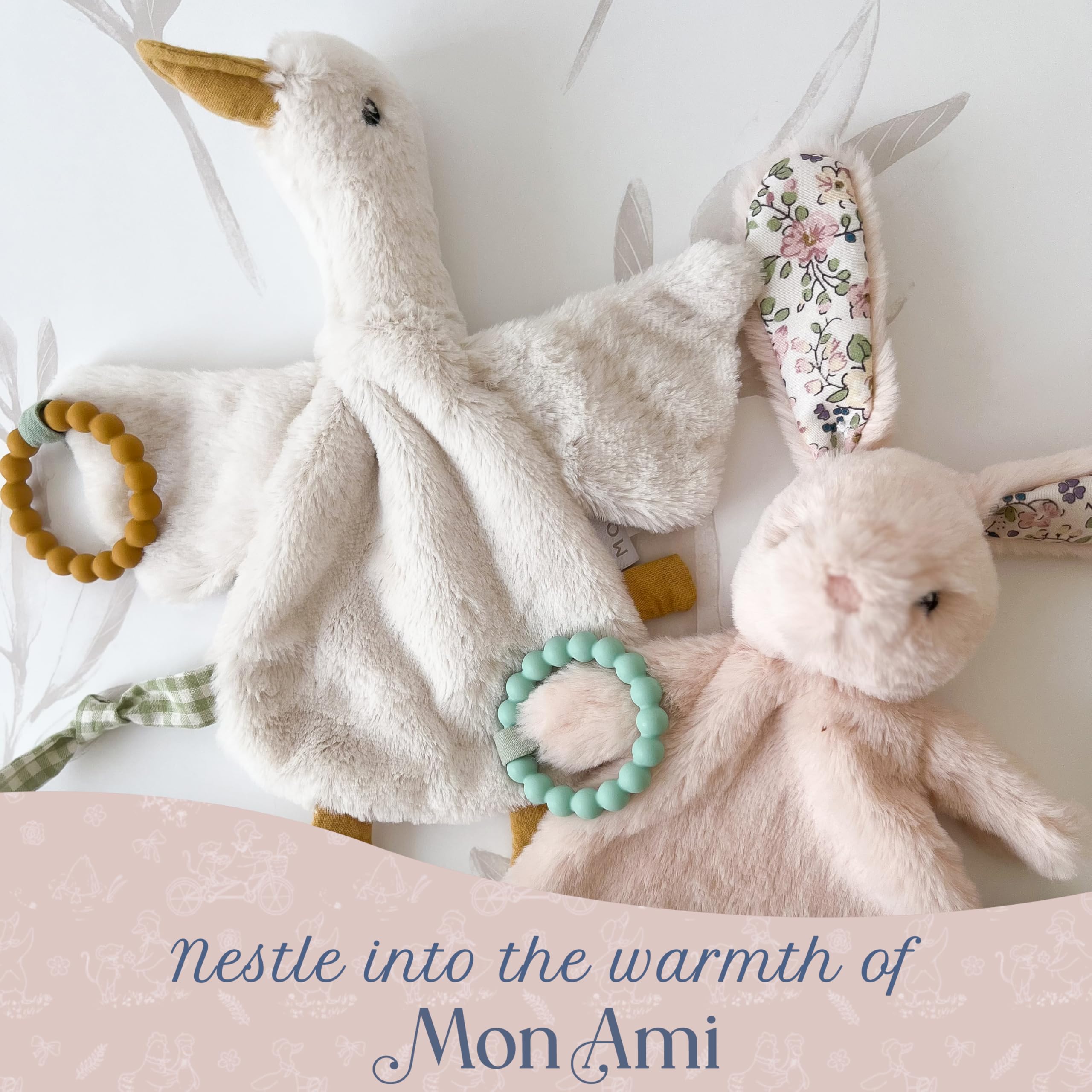 MON AMI PRU Goose Massaggiagengive Lovie | Coperta di sicurezza per bambini con massaggiagengive in silicone, morbido peluche Lovey per sollievo e comfort della dentizione