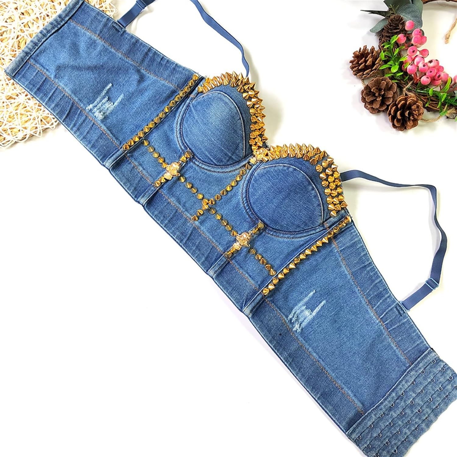 Fashion Metallic Spike Punk Goth Bra Womens Sexy Vintage Denim Corset Bustier Sparkly Sequins Top