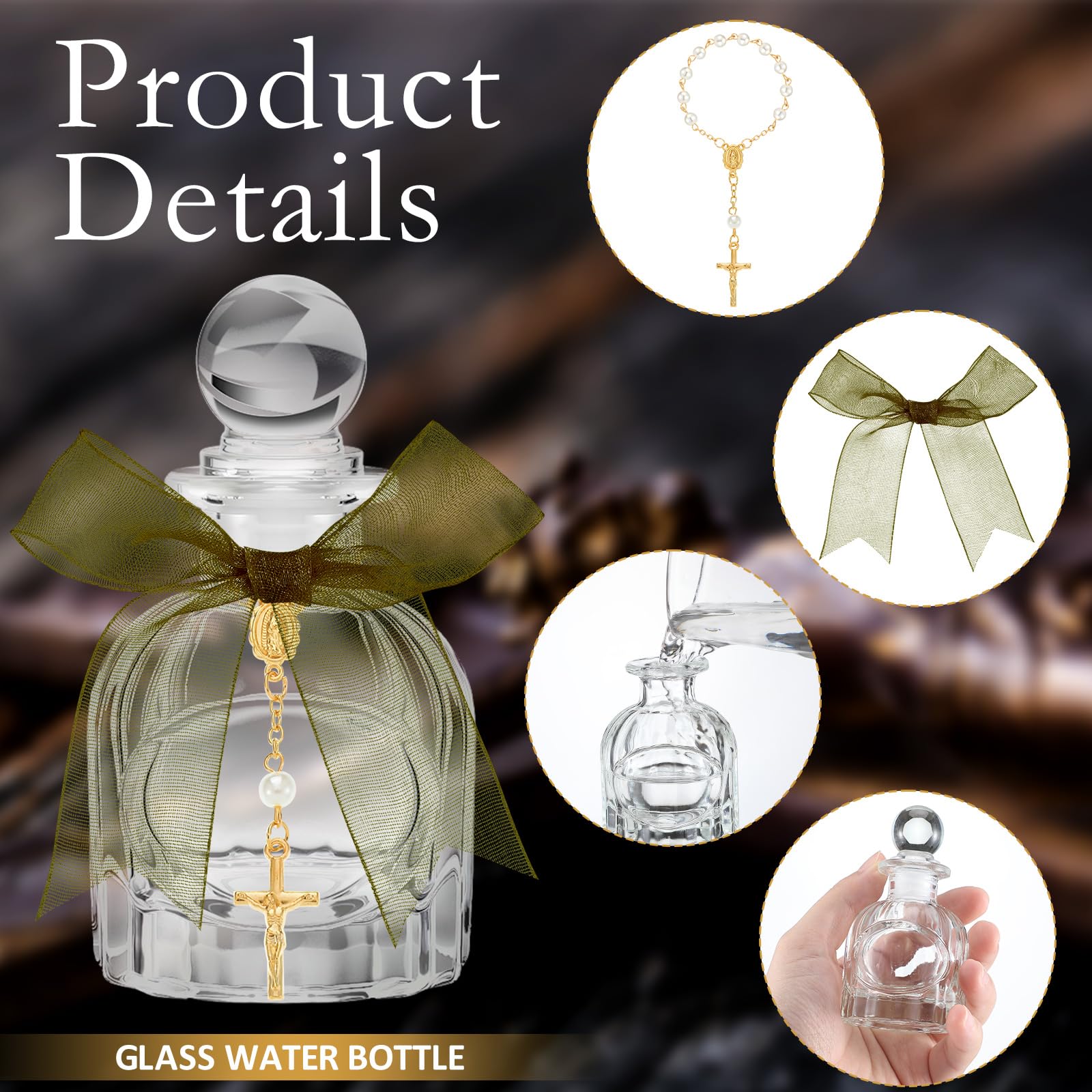 Chuangdi Heilige katholische Wasserflaschen, große Taufgeschenke für Gäste, katholische, christliche Glasflaschen, Goldkreuz-Armband, Organza-Beutel, Band für Kirche, Hochzeit, Taufe, Geschenk