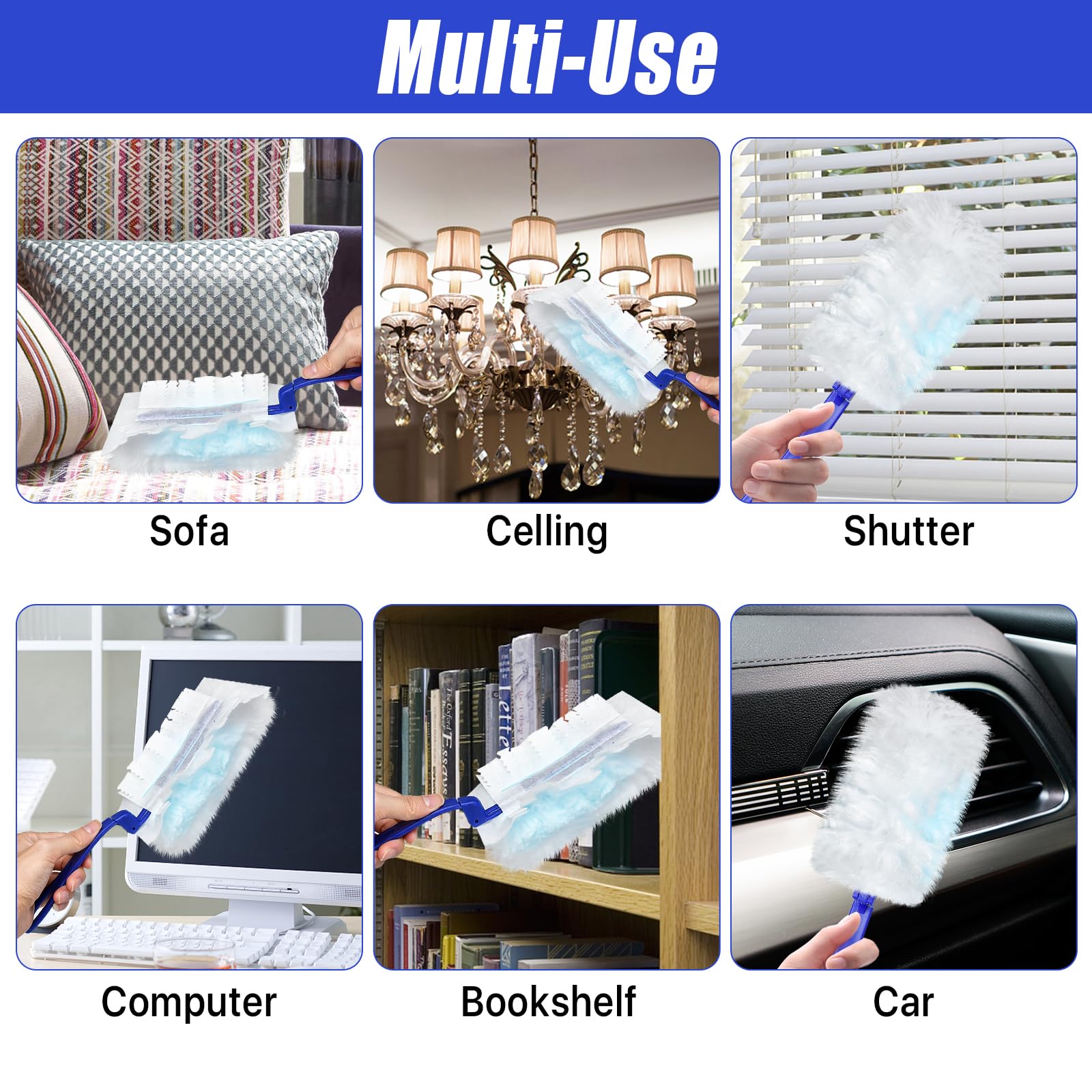 Recambio de plumero, 100 piezas de fibra azul, repuesto desechable para limpieza del hogar, oficina, persianas, ventiladores de techo, muebles (sin superficies rayadas), asas de plástico
