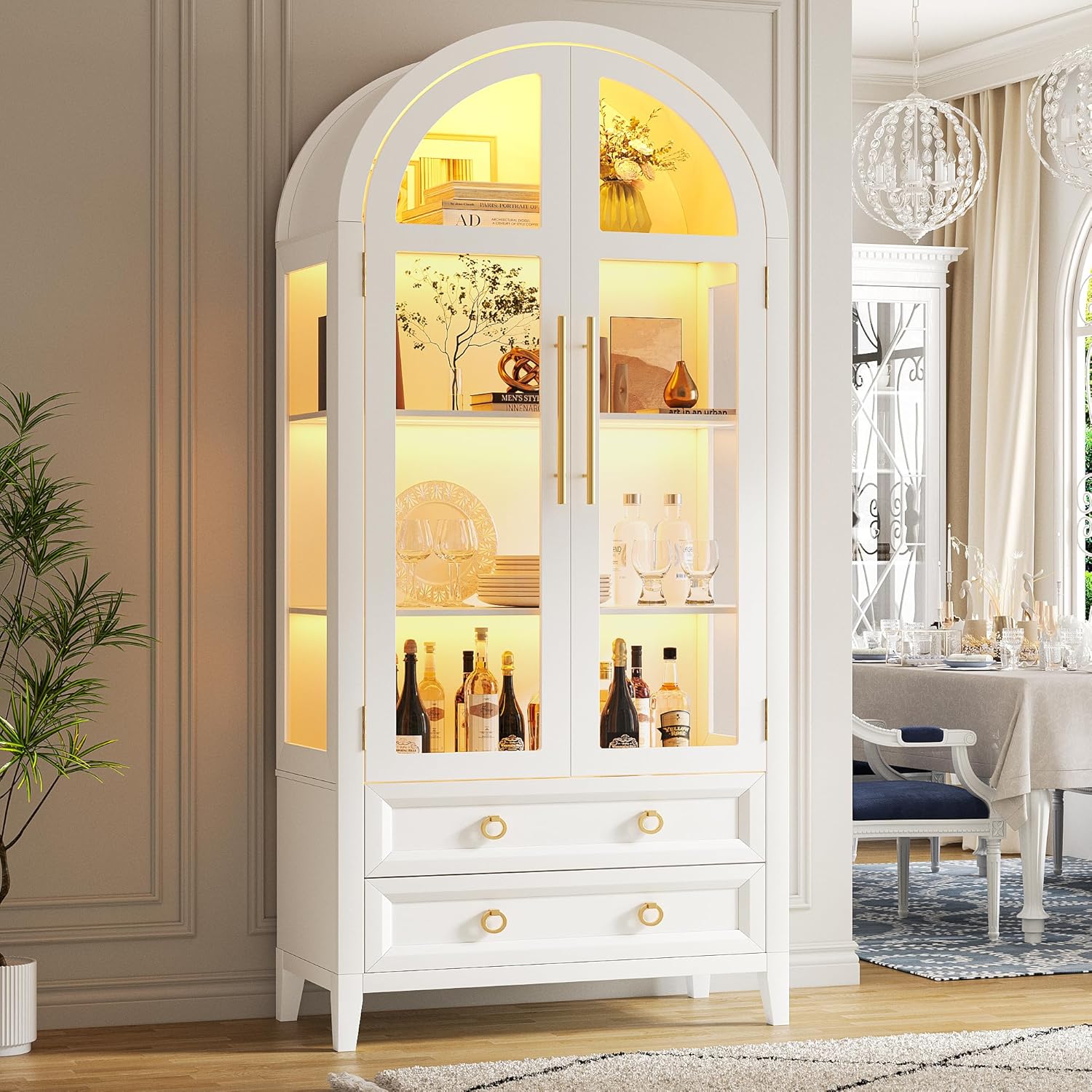 Arched Curio Cabinet with Glass Doors, 4-Tier Display Cabinet with 2 Drawers, Tall Bookcase with 3 Color Lights, Display Case, Kitchen Pantry (White)