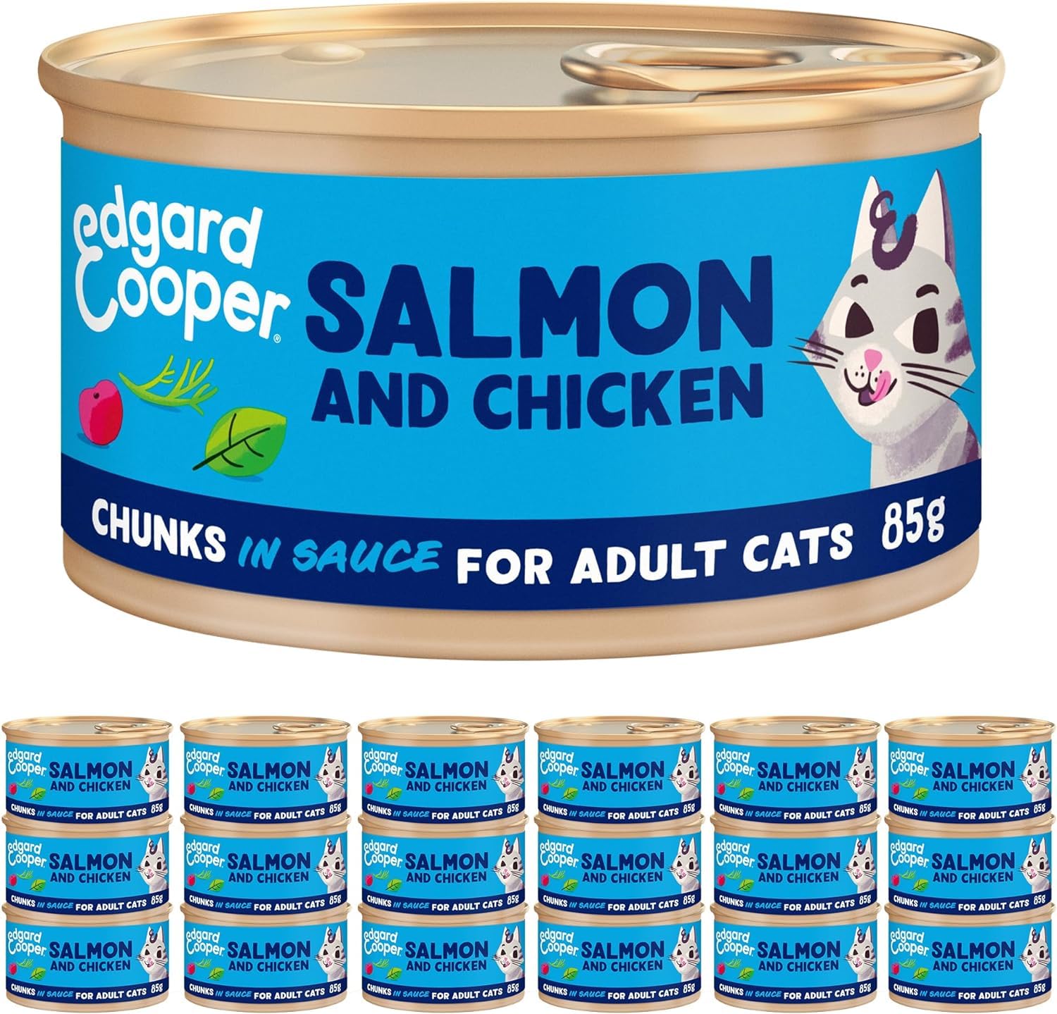 Edgard & Cooper Comida Húmeda Gatos Esterilizados o Activos Gato Adulto Trozos en Salsa Natural Sin Cereales Latas 85g x 18 Salmon y Pollo, Fácil de digerir, Alimentación Sana Sabrosa y Equilibada