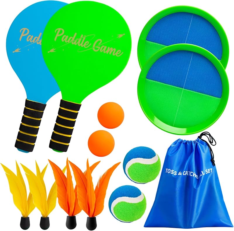 TEILLNET Juego de pelota de remo y lanzamiento de pelota 2 en 1, juegos de playa para la familia | Juguetes al aire libre para niños adultos, parque de césped familiar, patio, pileta, juegos, deportes al aire libre, regalo para niños y niñas 3 4 5 6 7 8 9 10 11 12