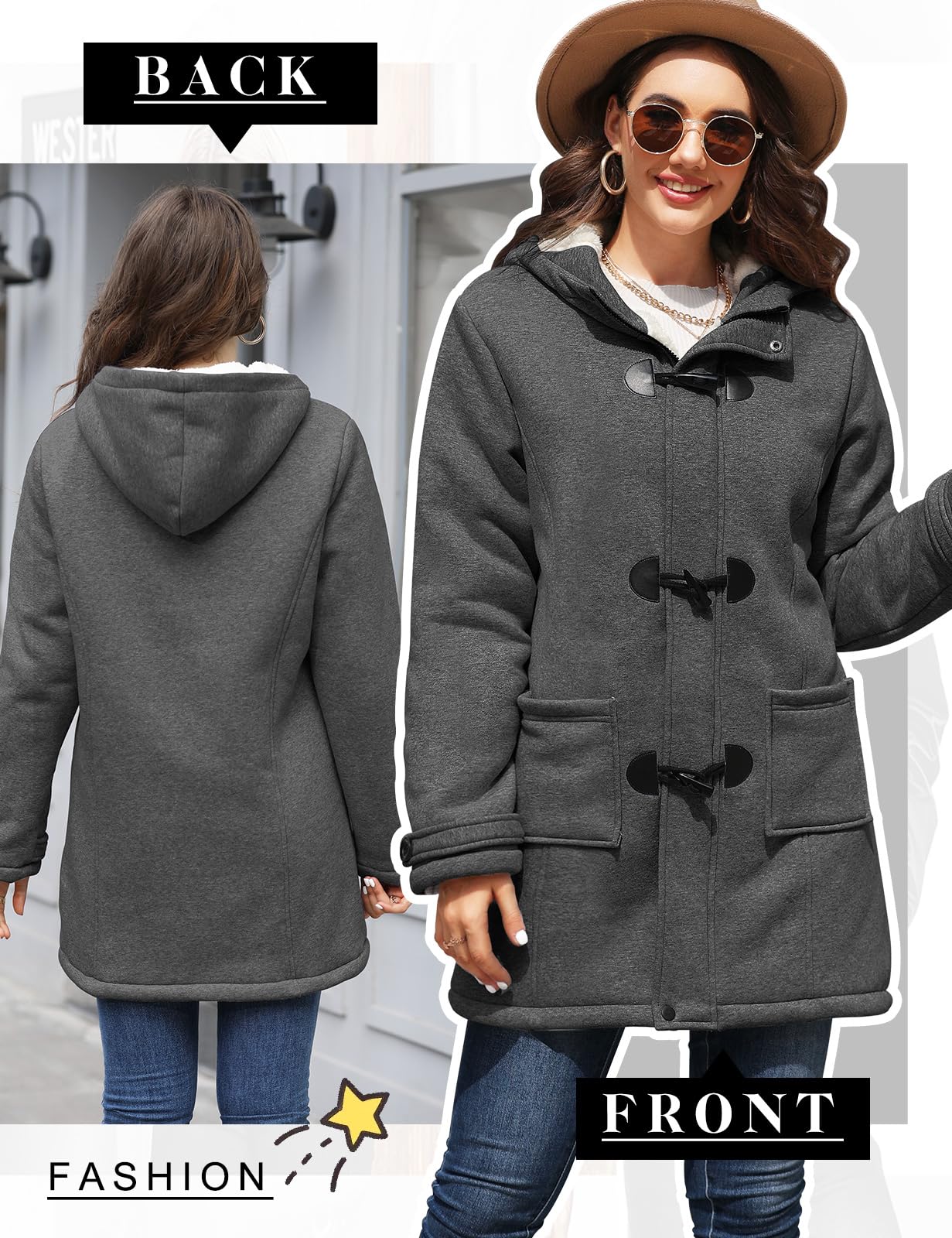 Yuson Girl Winterjacke Damen Fleecejacke Lang Wintermantel Warm Hornknopfjacke Einfarbig Kapuzenpullover Winter Cardigan Sweatshirt Damen Kapuzenjacke mit Knopf und Reißverschluss