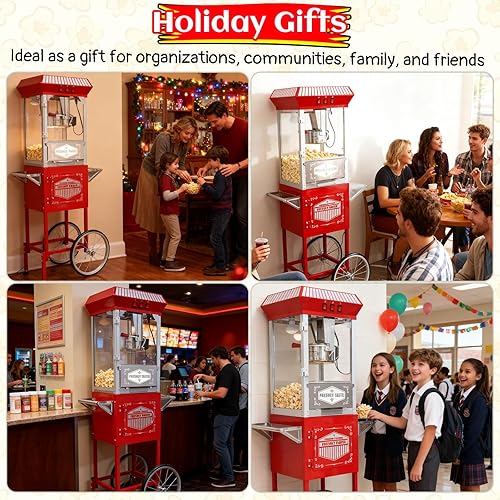 Miniatura 7 de Máquina vintage de palomitas de maíz con carro, hervidor de acero inoxidable de 12 onzas y luz de calentamiento, hace hasta 60 tazas, ideal para