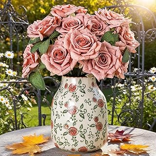 Green and Beige Vintage Round Vase, Red Rose Chinoiserie Floral Vase, Fa...