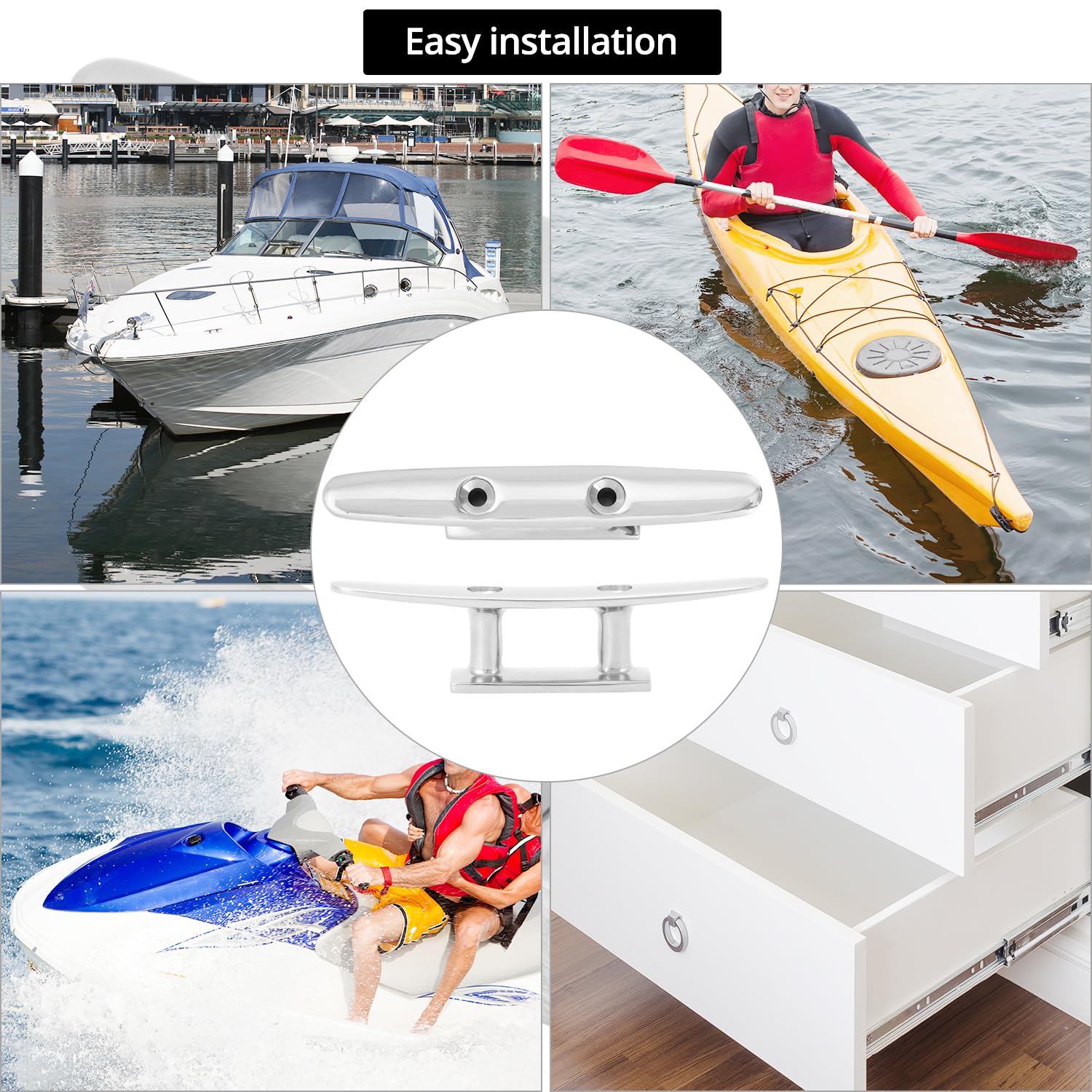 QWORK Bitta Piatta con 2 Fori, Acciaio Inossidabile 316, Disponibile 100/150/200mm, Estremamente antiruggine, Resistente all'Acqua salata e ai Raggi UV - Bitta di ormeggio per Corde, Corde, pennoni