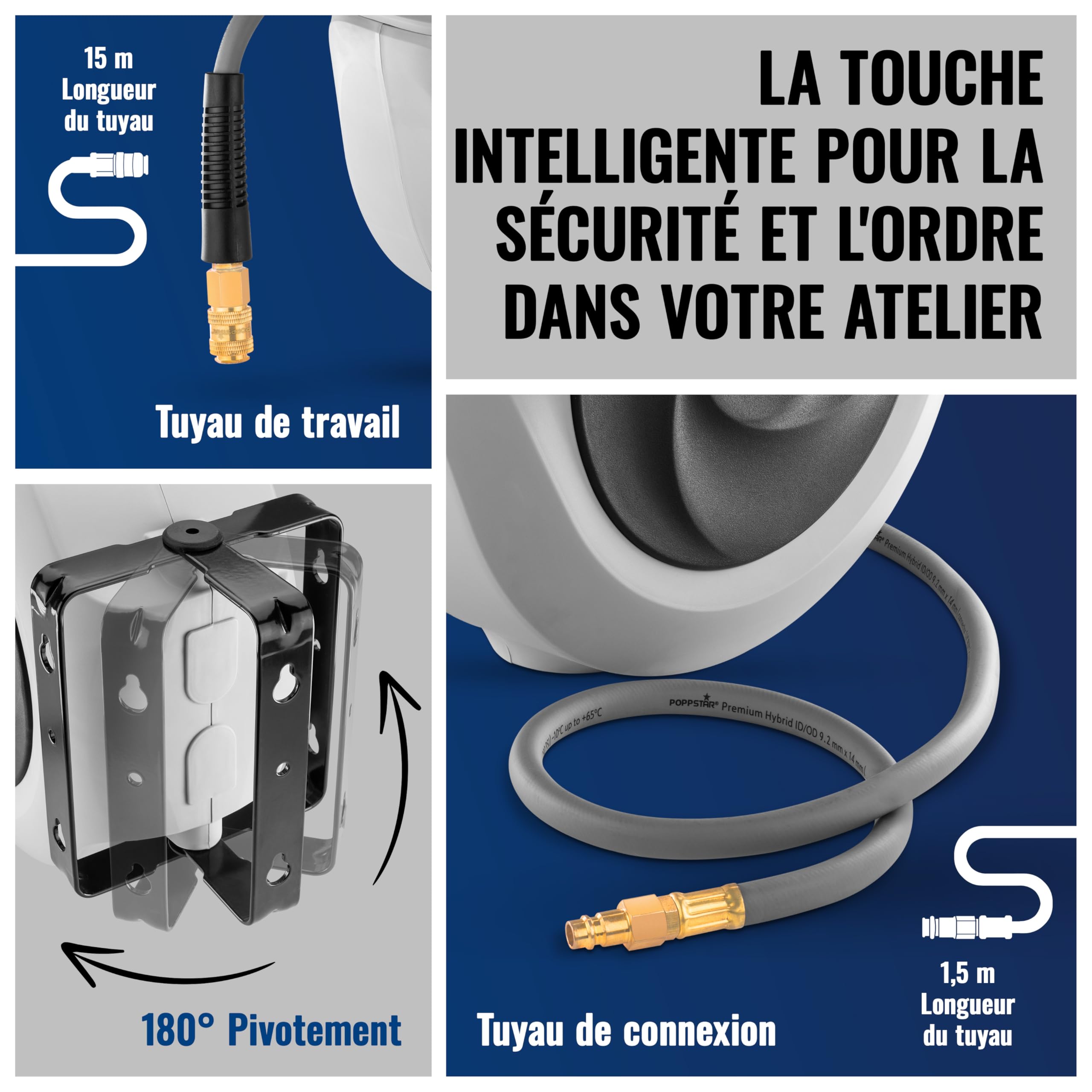 Poppstar Enrouleur de Tuyau d'Air Comprimé (15m + 1,1m, diamètre 3/8" (9,2x14mm)), Raccord 1/4" BSPT, avec Tuyau Hybride en PVC
