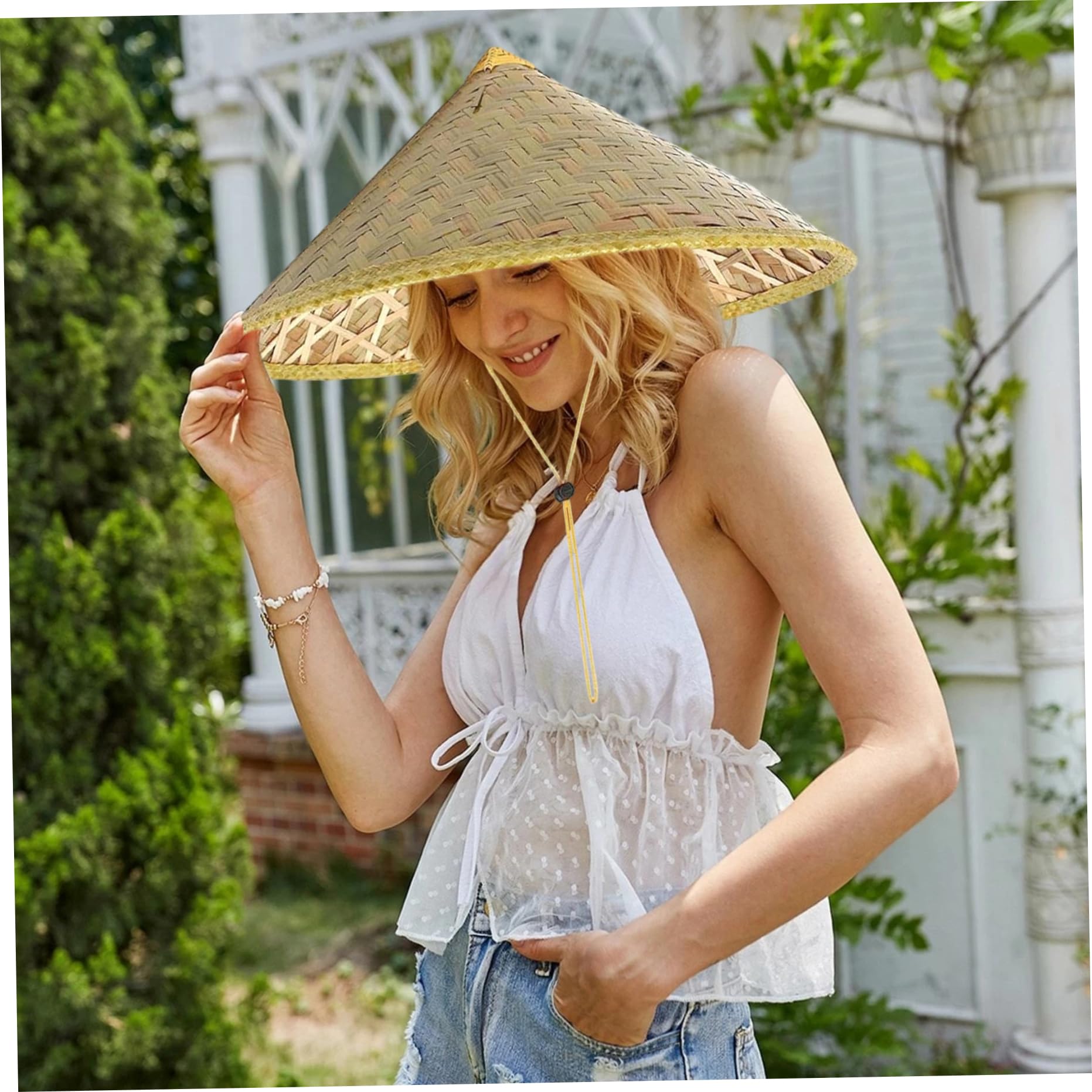 Sombrero de arroz - 2 uds. Sombrero de bambú cónico Chino de 14 Pulgadas, Gorro de Lluvia de Paja de arroz Tejido para Granjero