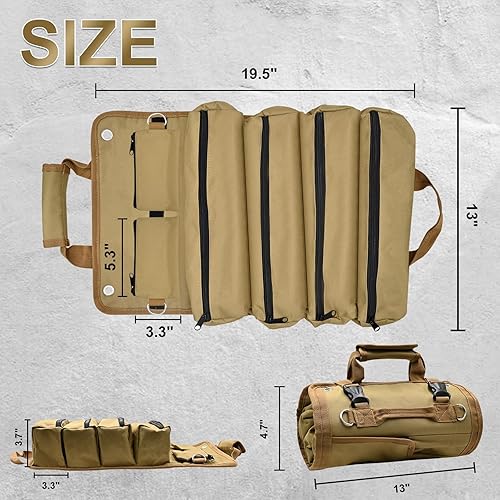 Miniatura 6 de Bolsa de herramientas enrollable, bolsa enrollable de herramientas resistente, organizador de rollos de herramientas con 2 bolsas desmontables, tela