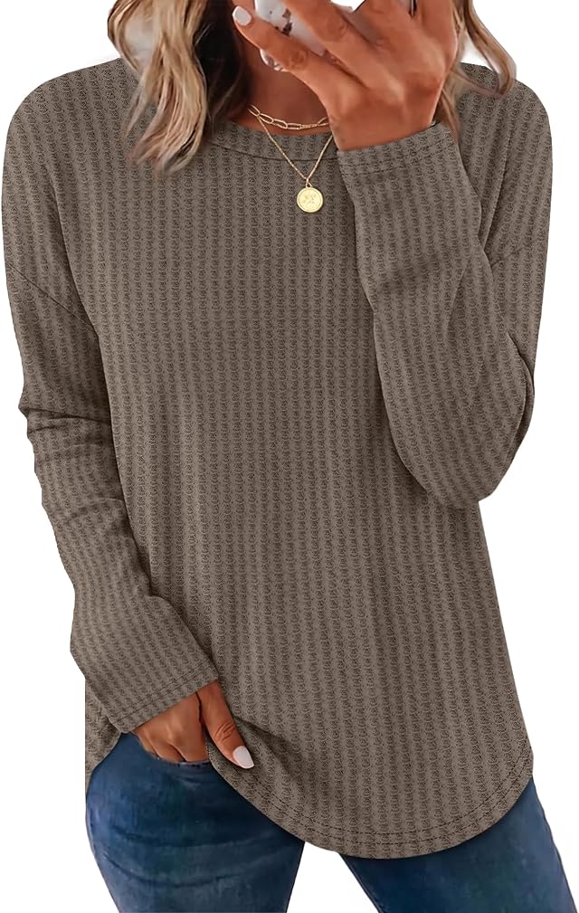 OFEEFAN Fall Tops for Women Trendy Long Sleeve Shirts Waffle Knit Crew Neck Tops Curved Hem Fashion Clothing