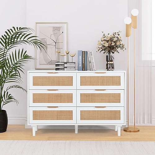 GRAVFORCE Chest of Drawers Modern Bedroom Dresser with 6 Drawers Wooden Cupboard for Bedroom Living Room Rattan Chest of Drawers Dresser White - White
