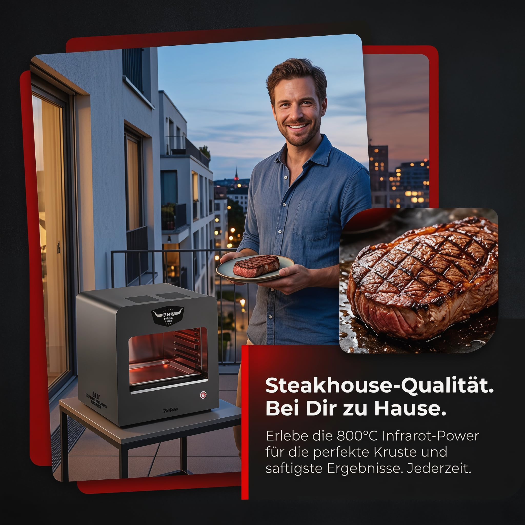 Trisa BBQ Grill X-800 2200W, 800°C Oberhitzegrill, Rauchfrei Indoor Outdoor | 2200W Halogen, 800°C Oberhitze, Pizzastein & Schaufel Inklusive; Grillrost, 2 Auffangschalen, Flaschenöffner