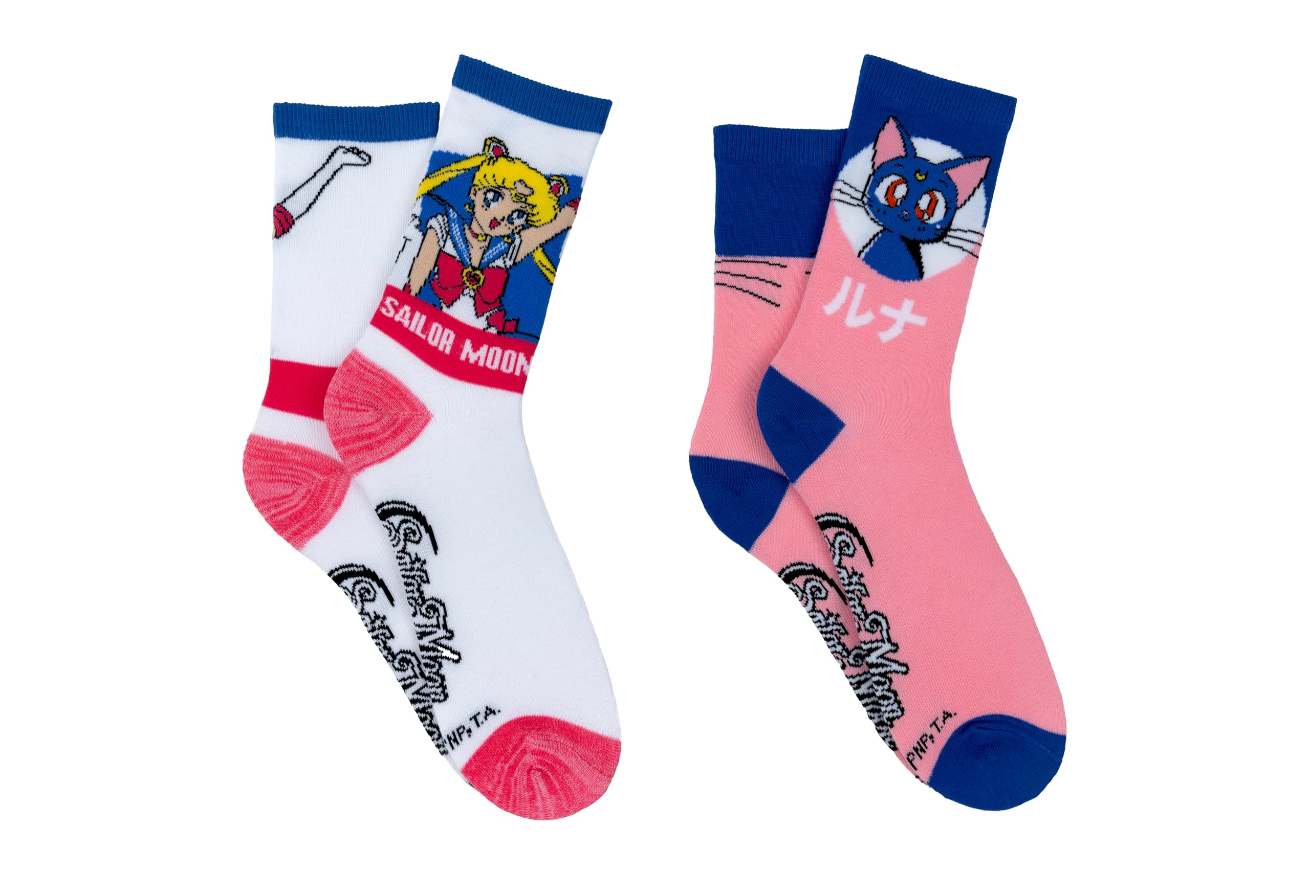 Sailor Moon Crew Socks (2 Pair) - Sailor Moon, Luna - Fits Ladies Shoe Size 4-10, Moon, Luna 2pr Crew, One size