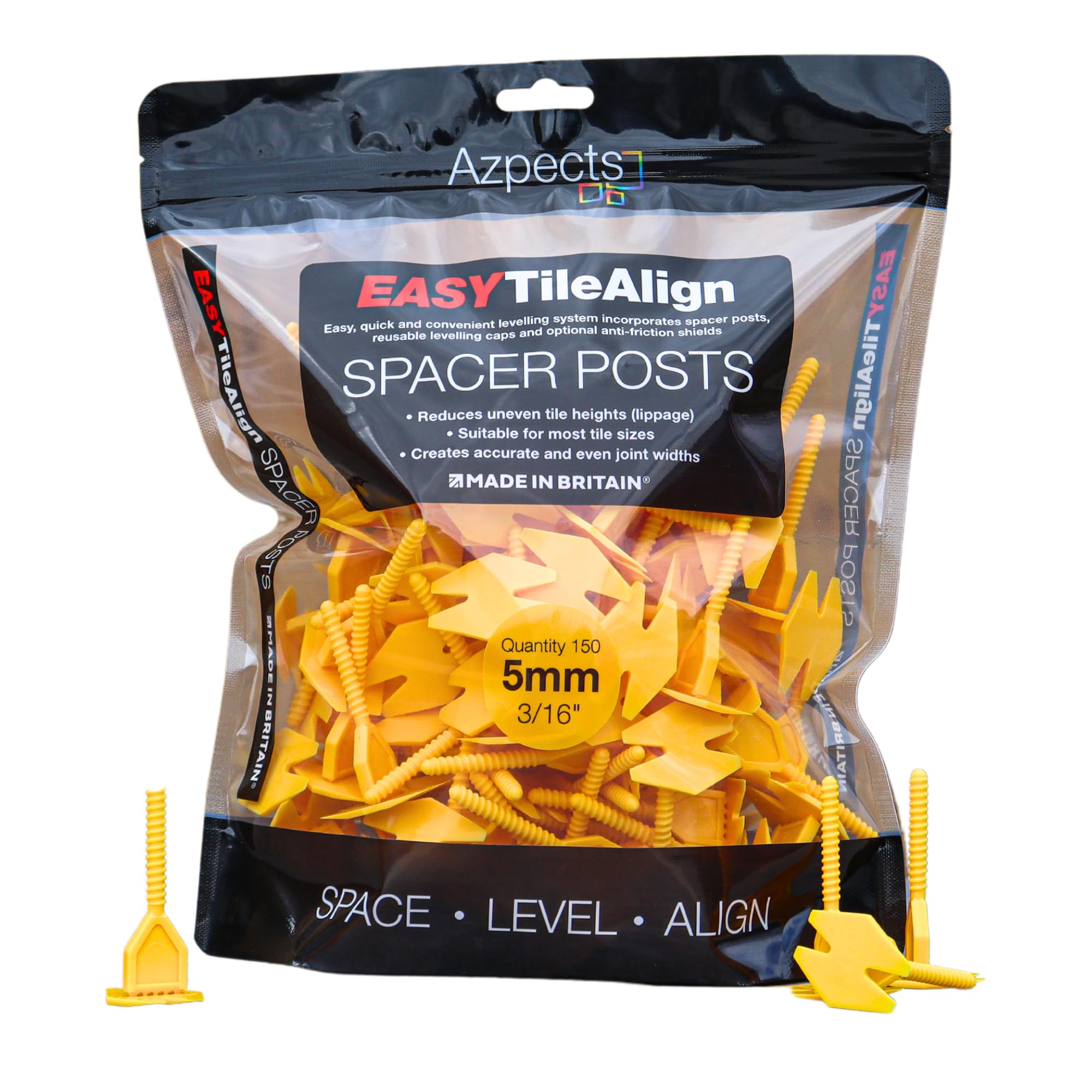 Azpects EASYTileAlign Pack of 150x 5mm (3/16") Leveling Spacer Posts for Tile Leveling System. Great for Professional and Home Use, Aligning Flooring Spacers Tool for Patio Slabs and Tiles